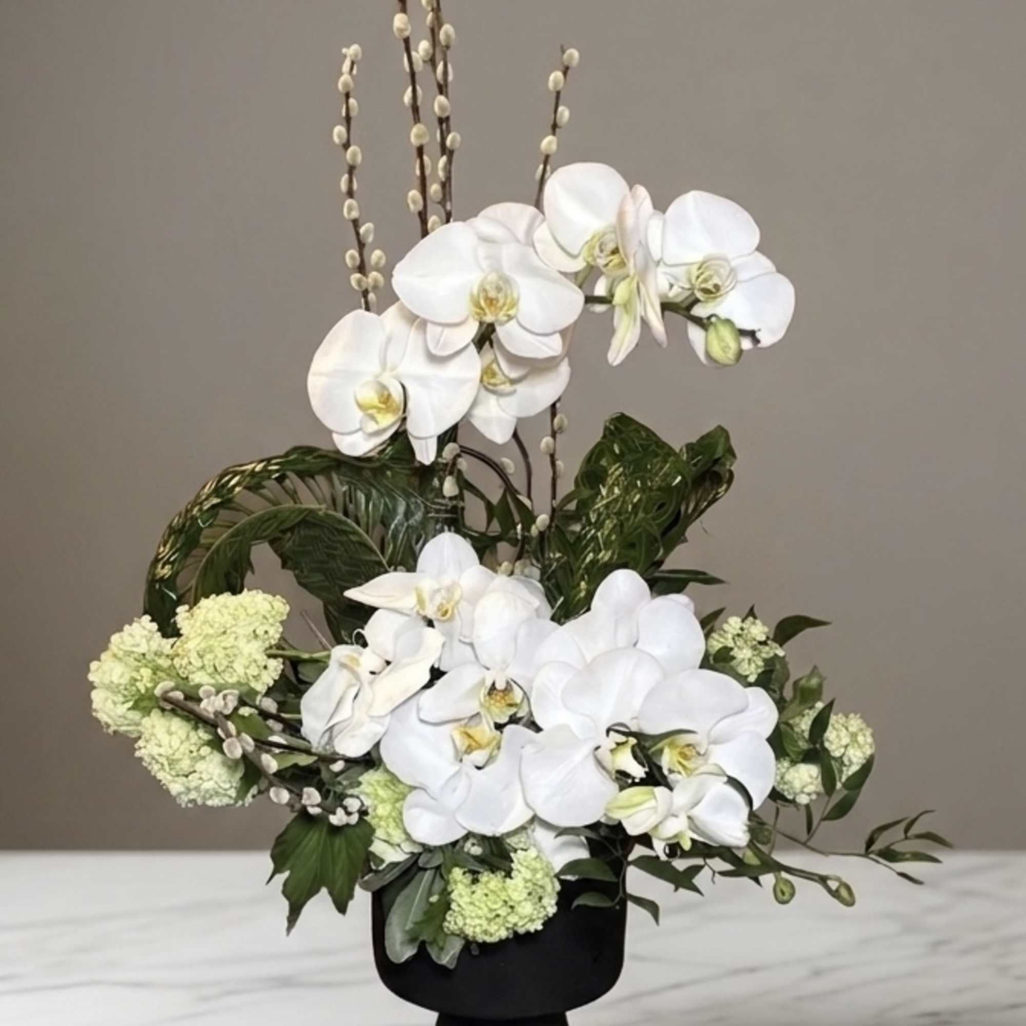 White orchid arrangement in a black pedestal vase with green accents