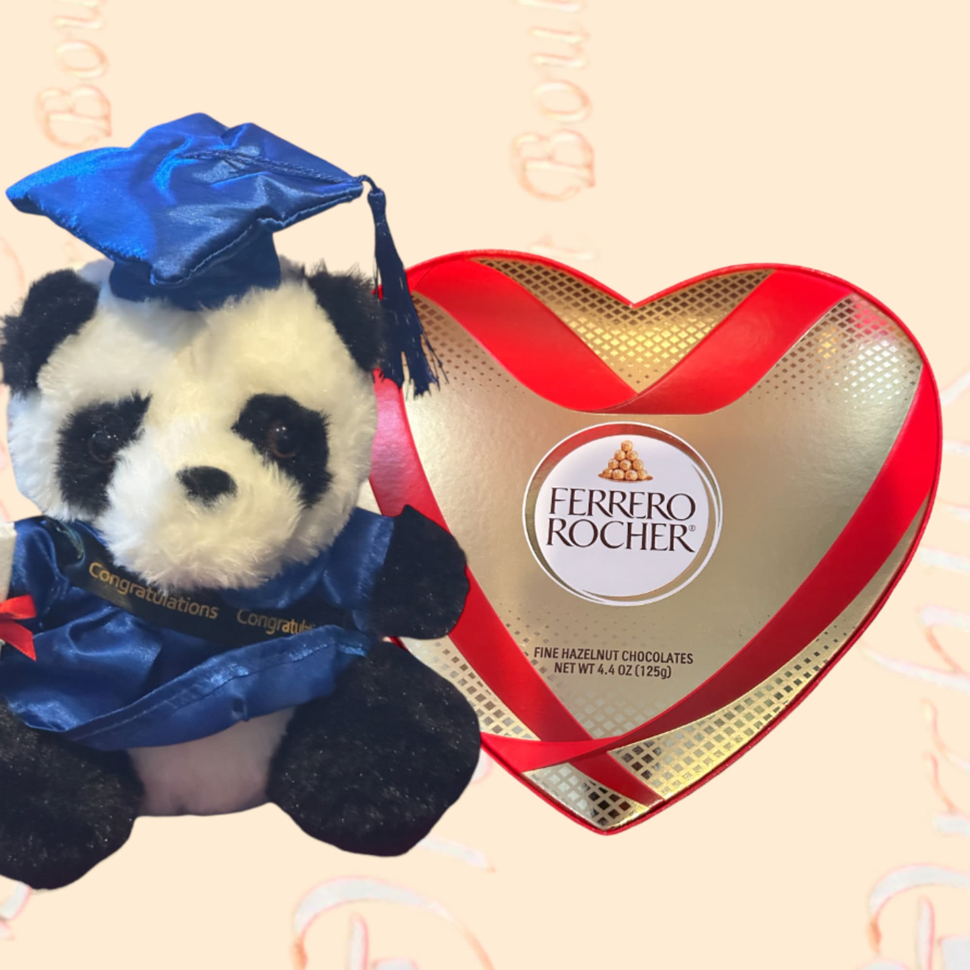 Graduation teddy bear beside a heart-shaped Ferrero Rocher chocolate box