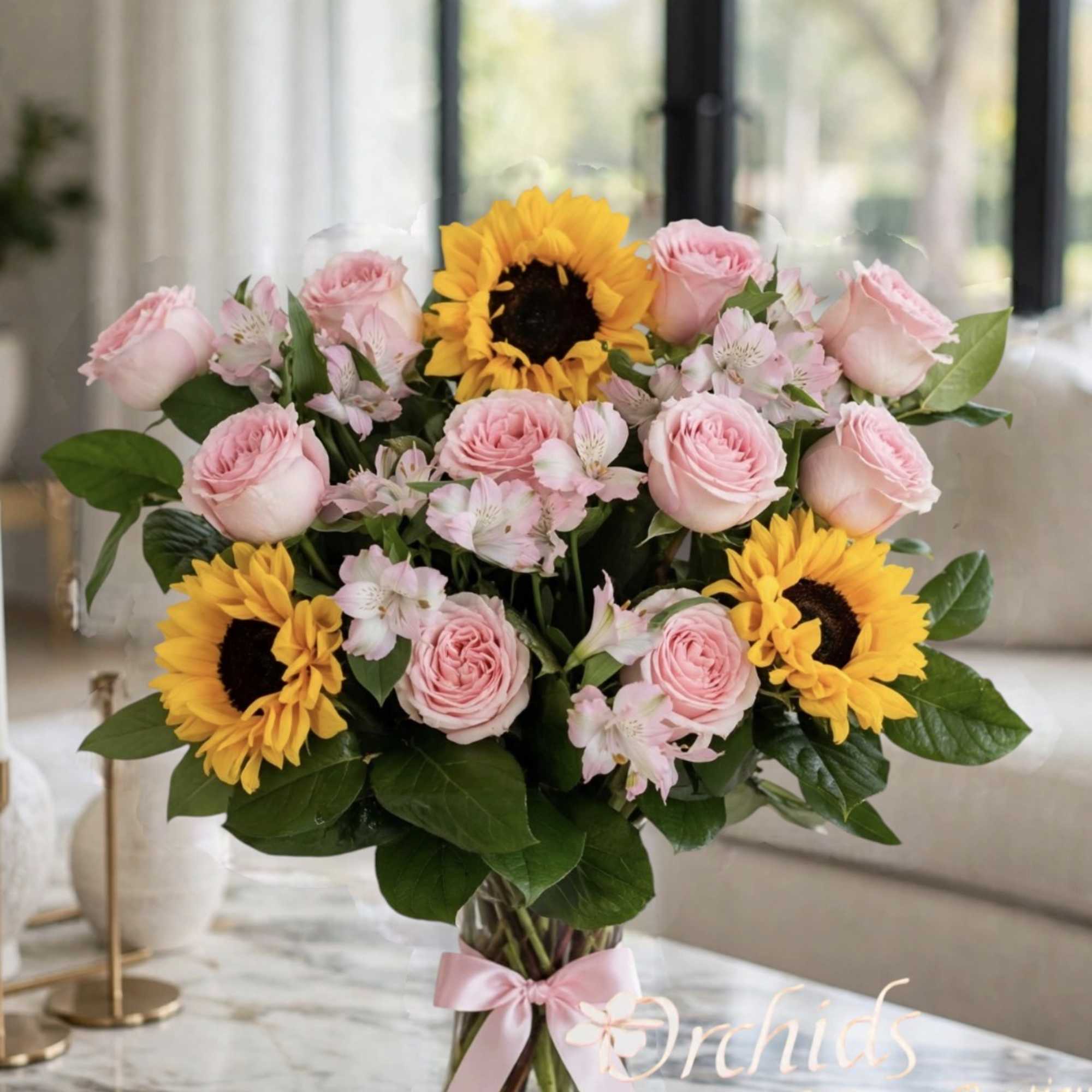 Pink roses and sunflowers arranged in a clear vase with a pink ribbon