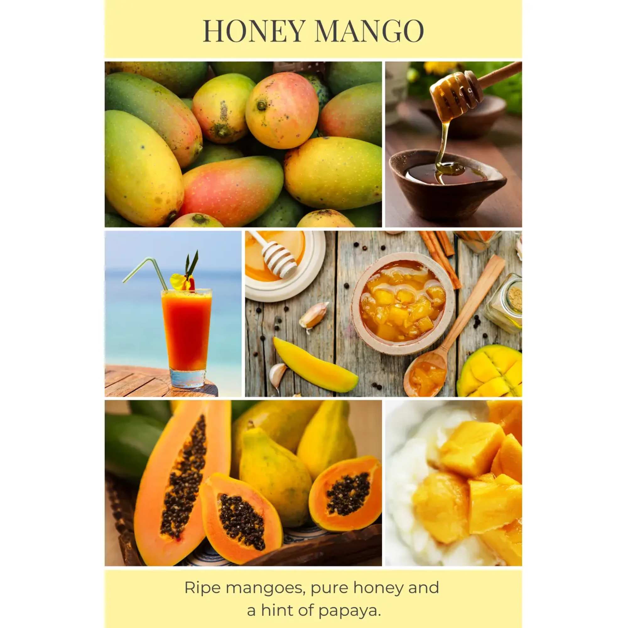Collage of honey mangoes, honey, and papaya with text.