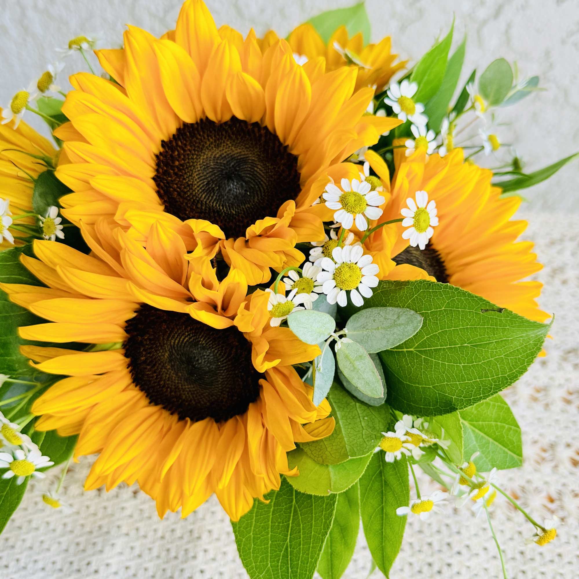 Bouquet of yellow sunflowers with small white daisies