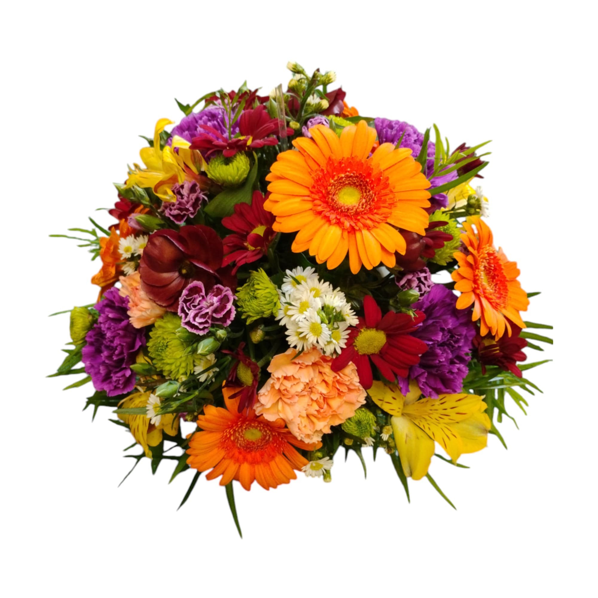 Colorful mixed bouquet with orange gerbera daisies and purple blooms