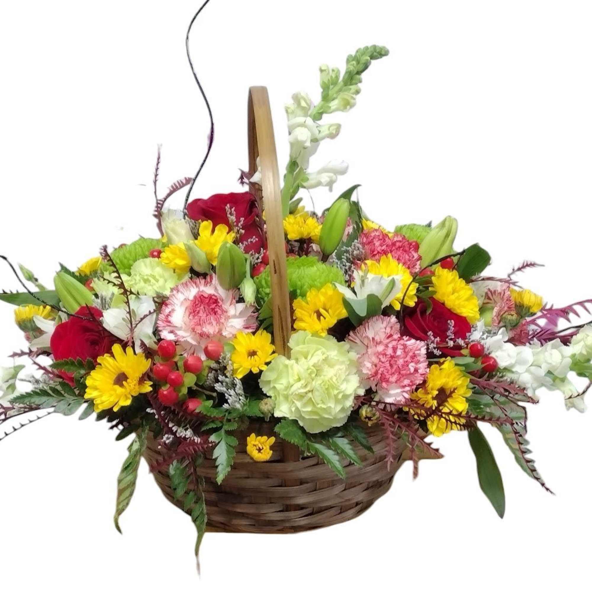 Basket arrangement of mixed flowers in red, yellow, pink, and white