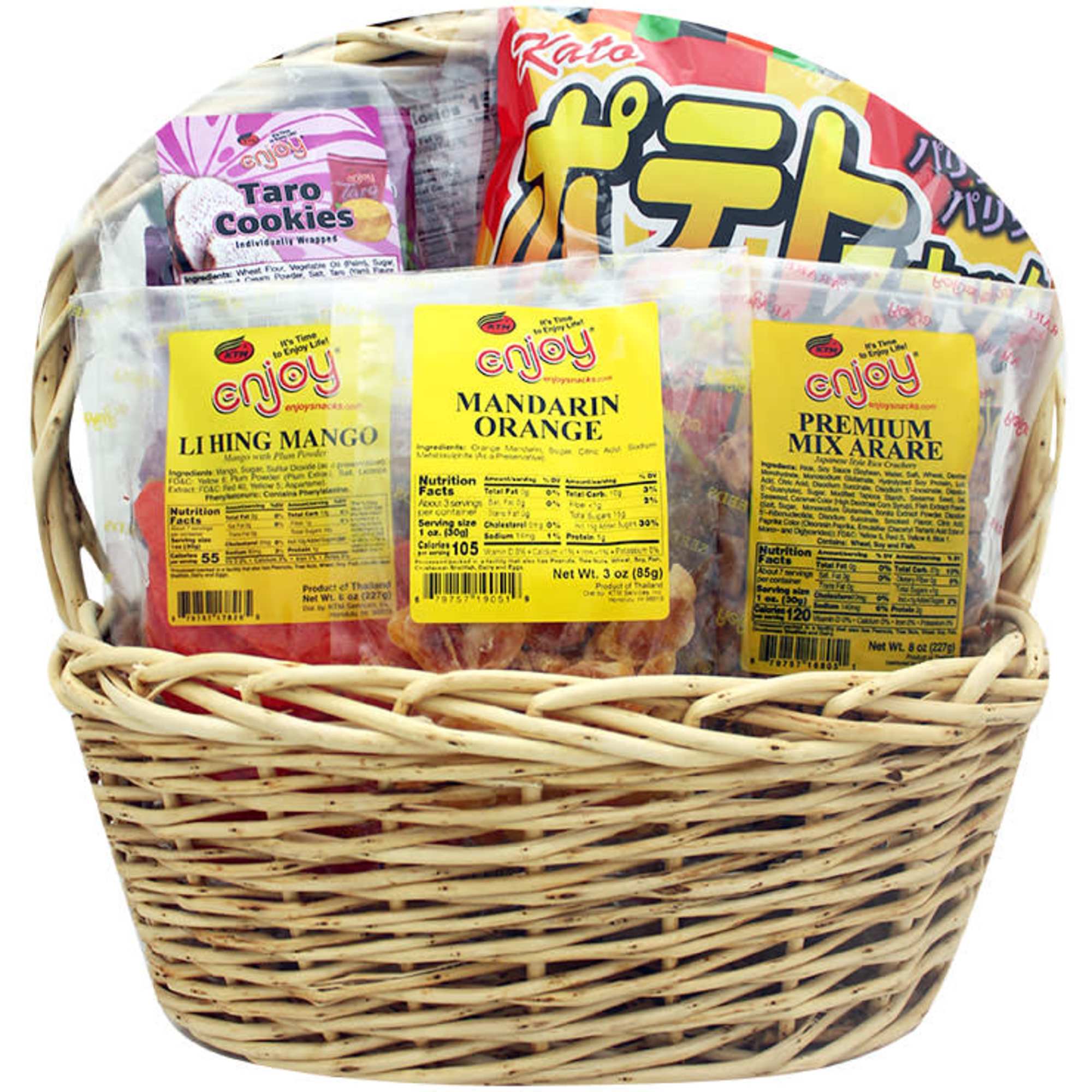 Wicker gift basket filled with assorted packaged snacks and cookies