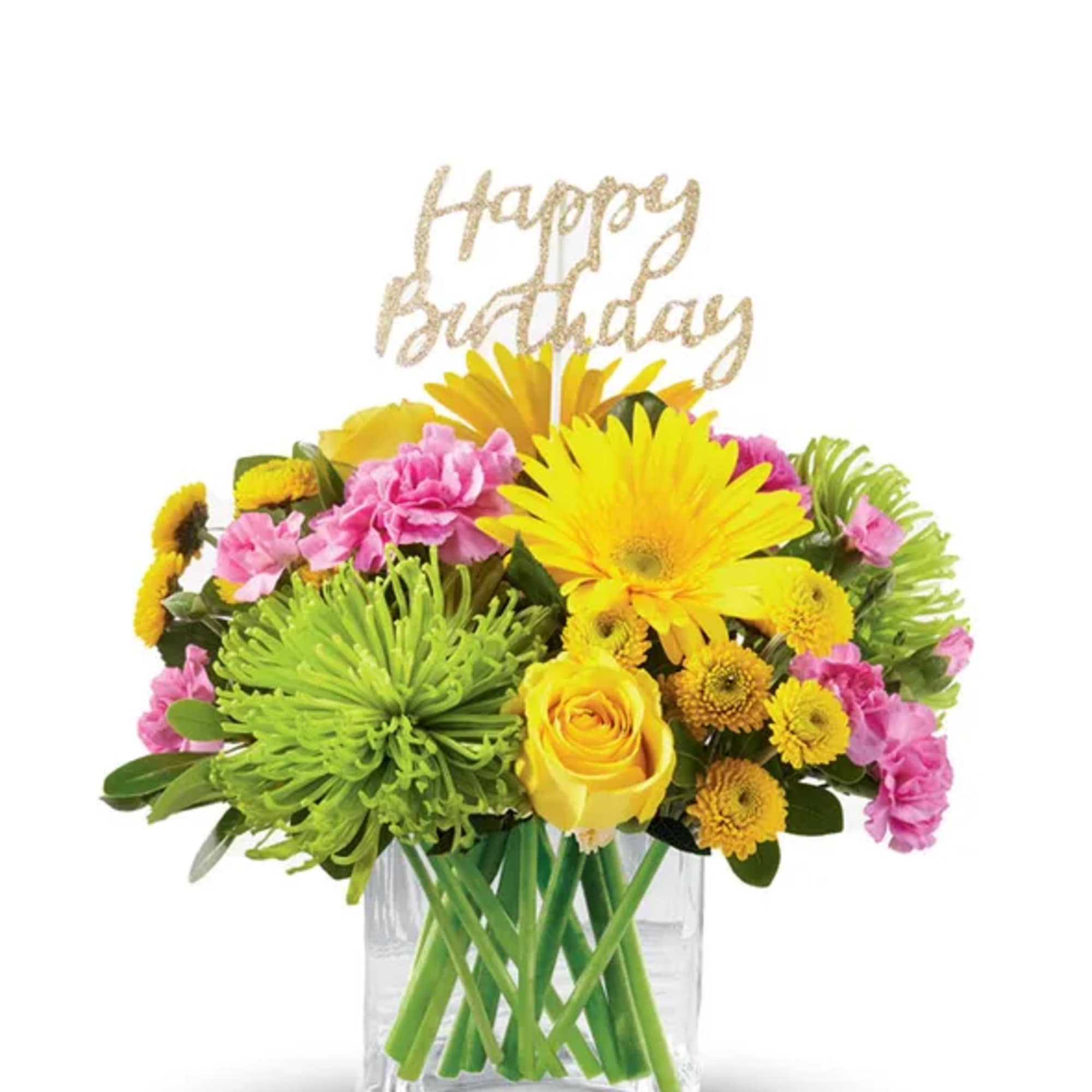 Bright mixed bouquet in a clear vase with a Happy Birthday topper