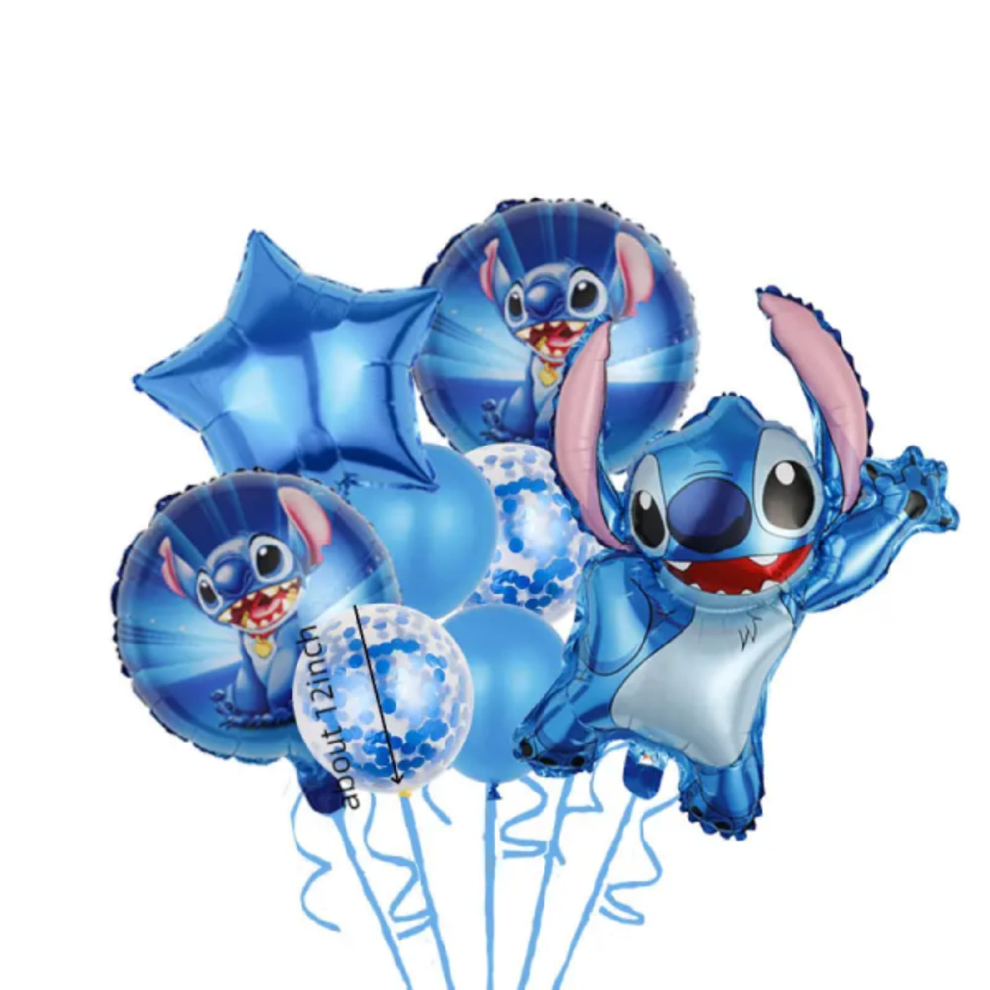 Cluster of blue Stitch-themed balloons with a star balloon