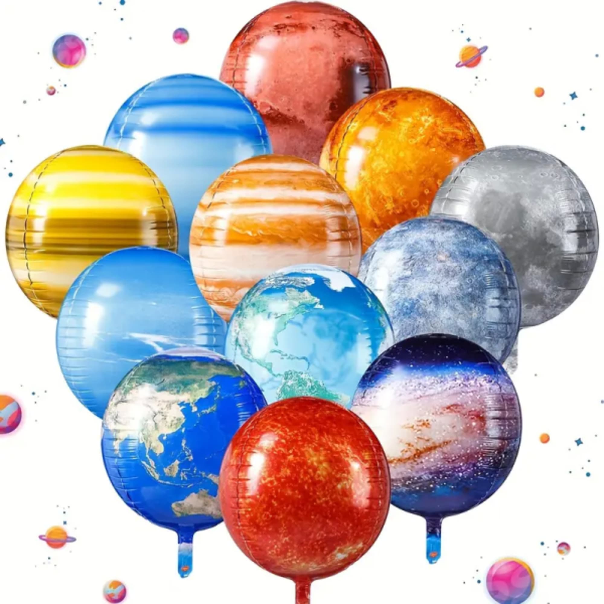 Cluster of colorful planet-shaped balloons on a white background
