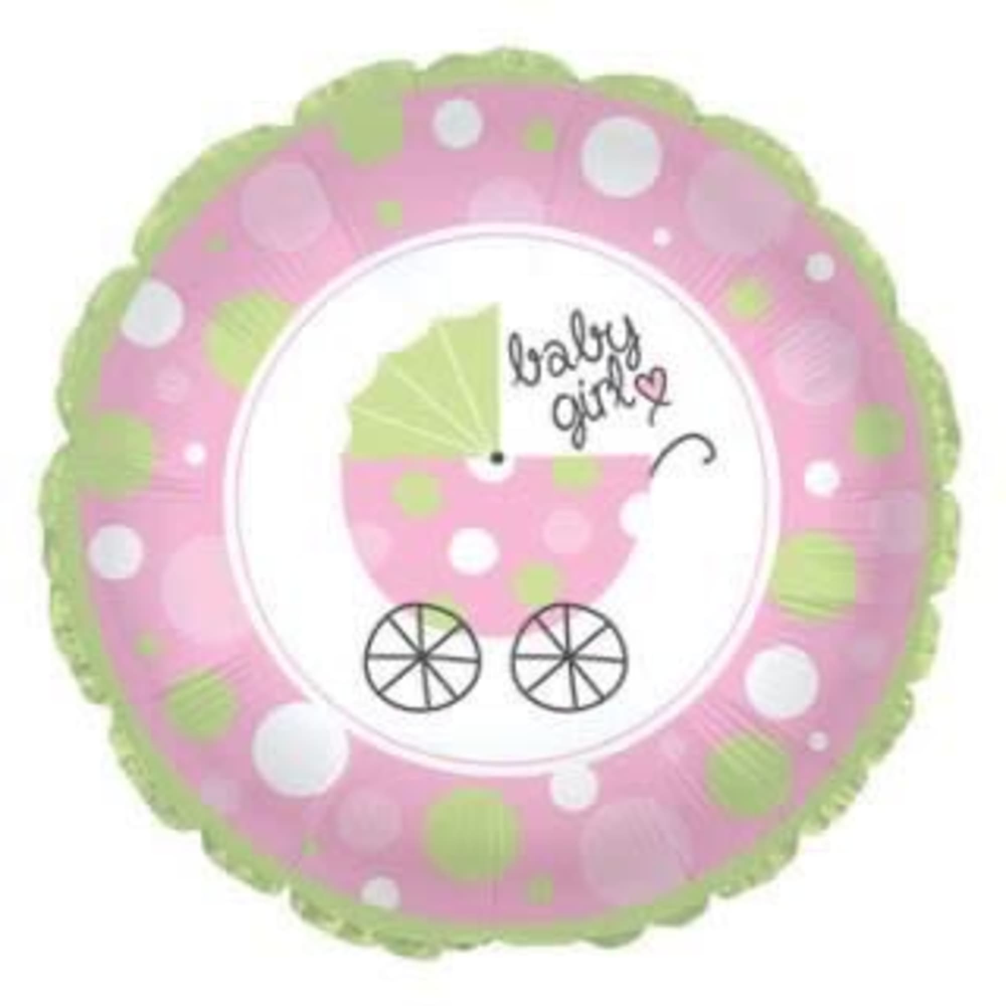 Round pink and green baby girl balloon with stroller graphic