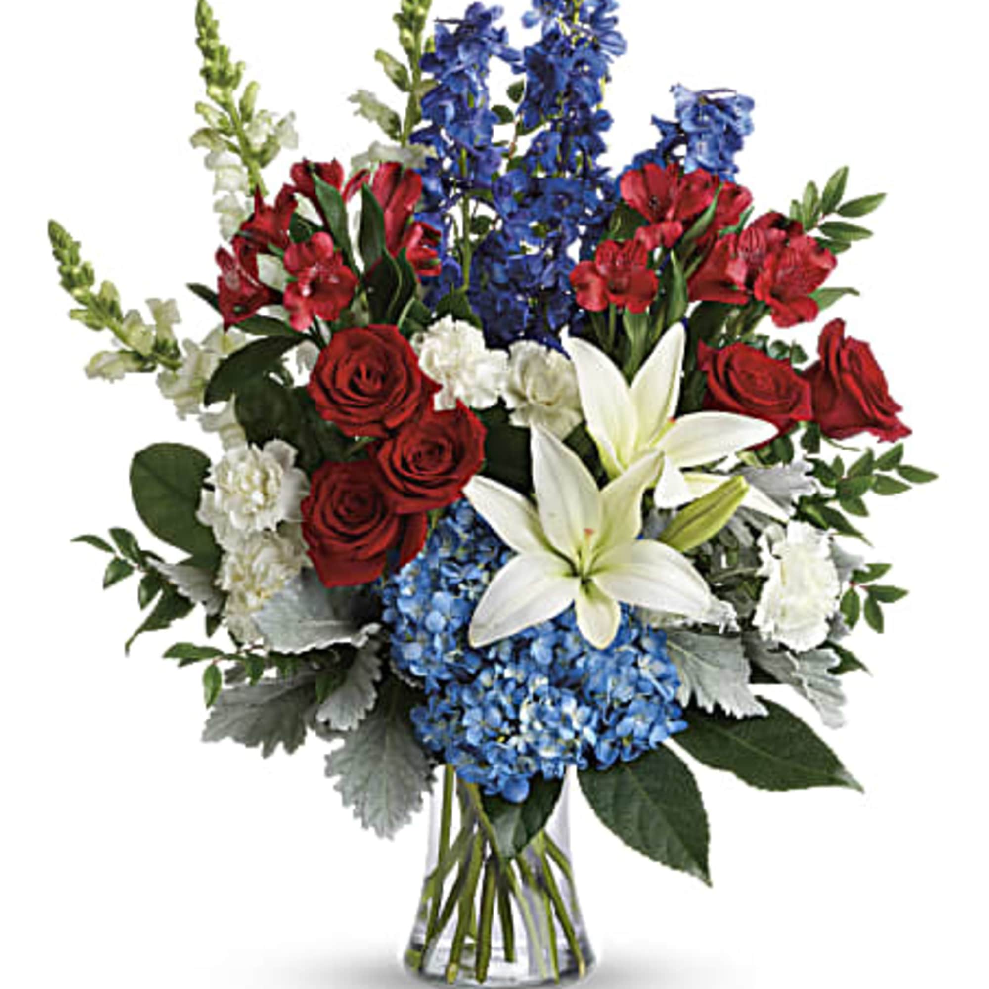 Perfectly patriotic with its red, white and blue blooms, this bold bouquet