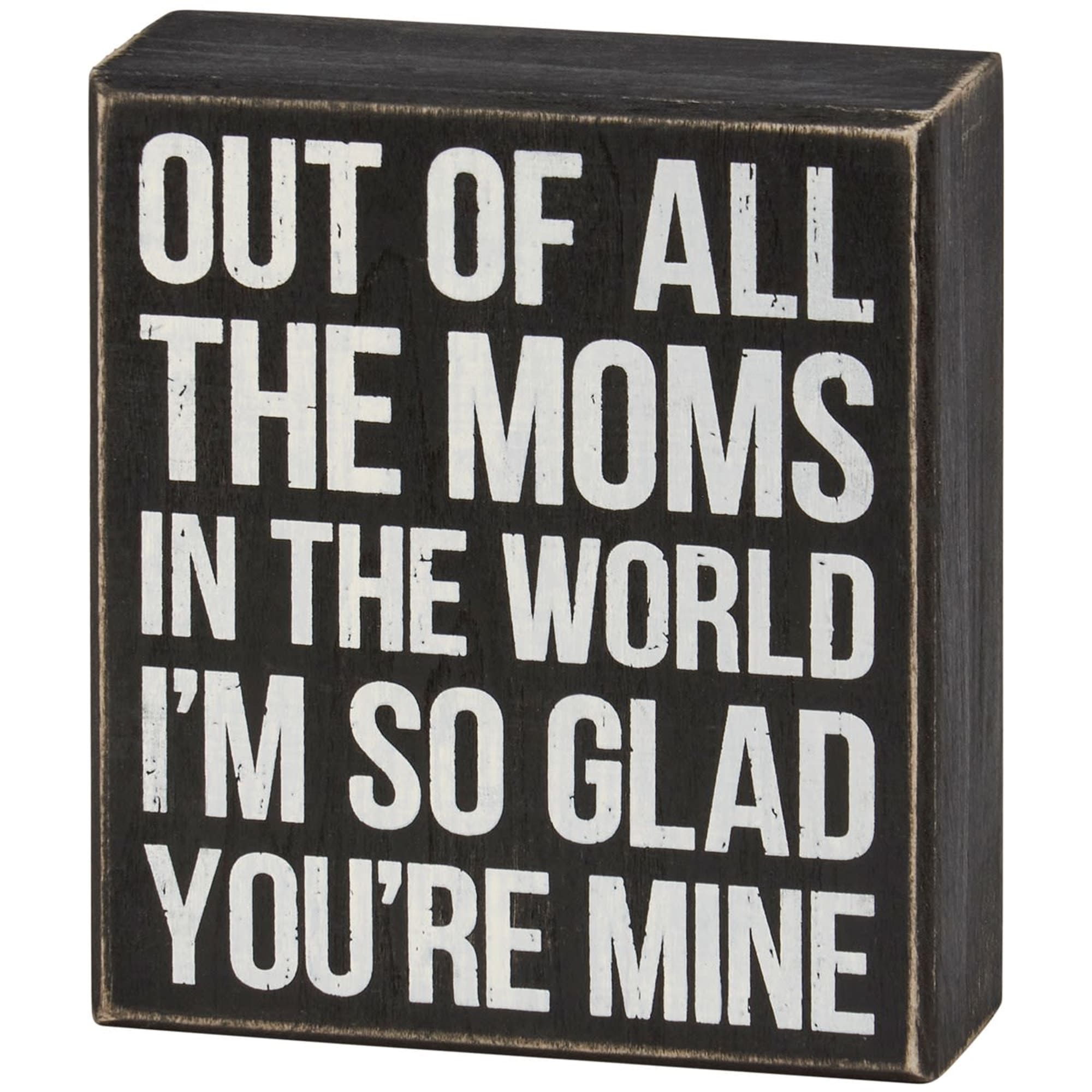 A classic black and white wooden box sign for Mother's Day displaying
