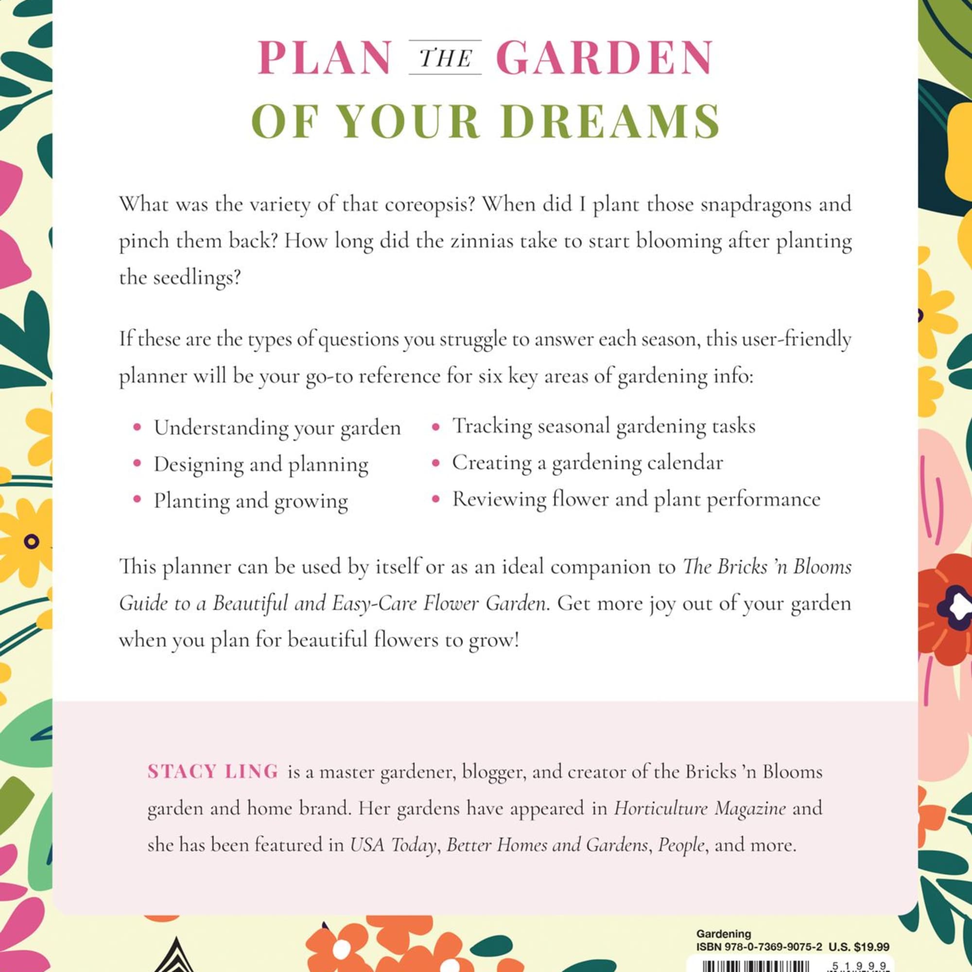 Gardening planner book cover with colorful floral border and large title text
