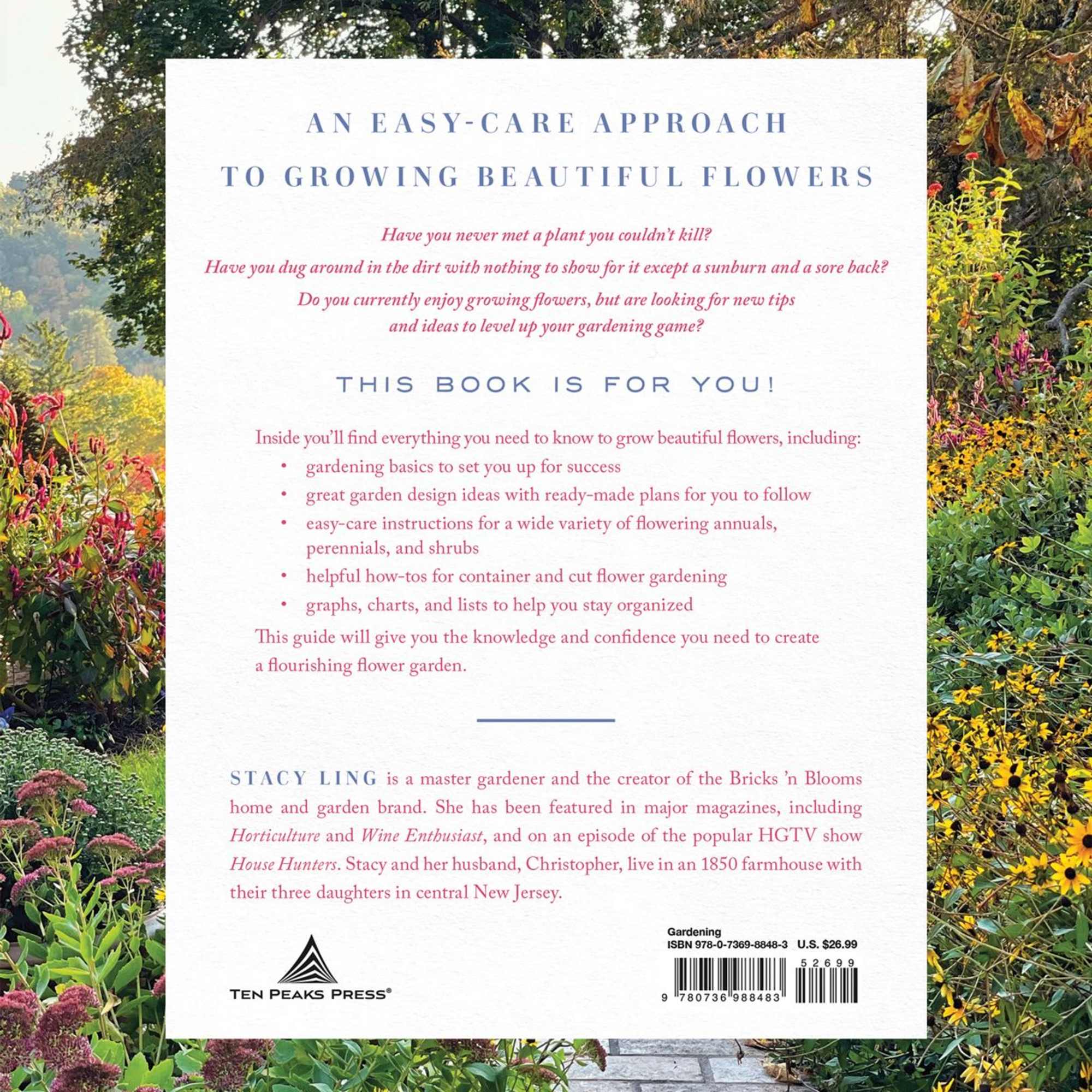 Book cover about growing flowers over a garden background