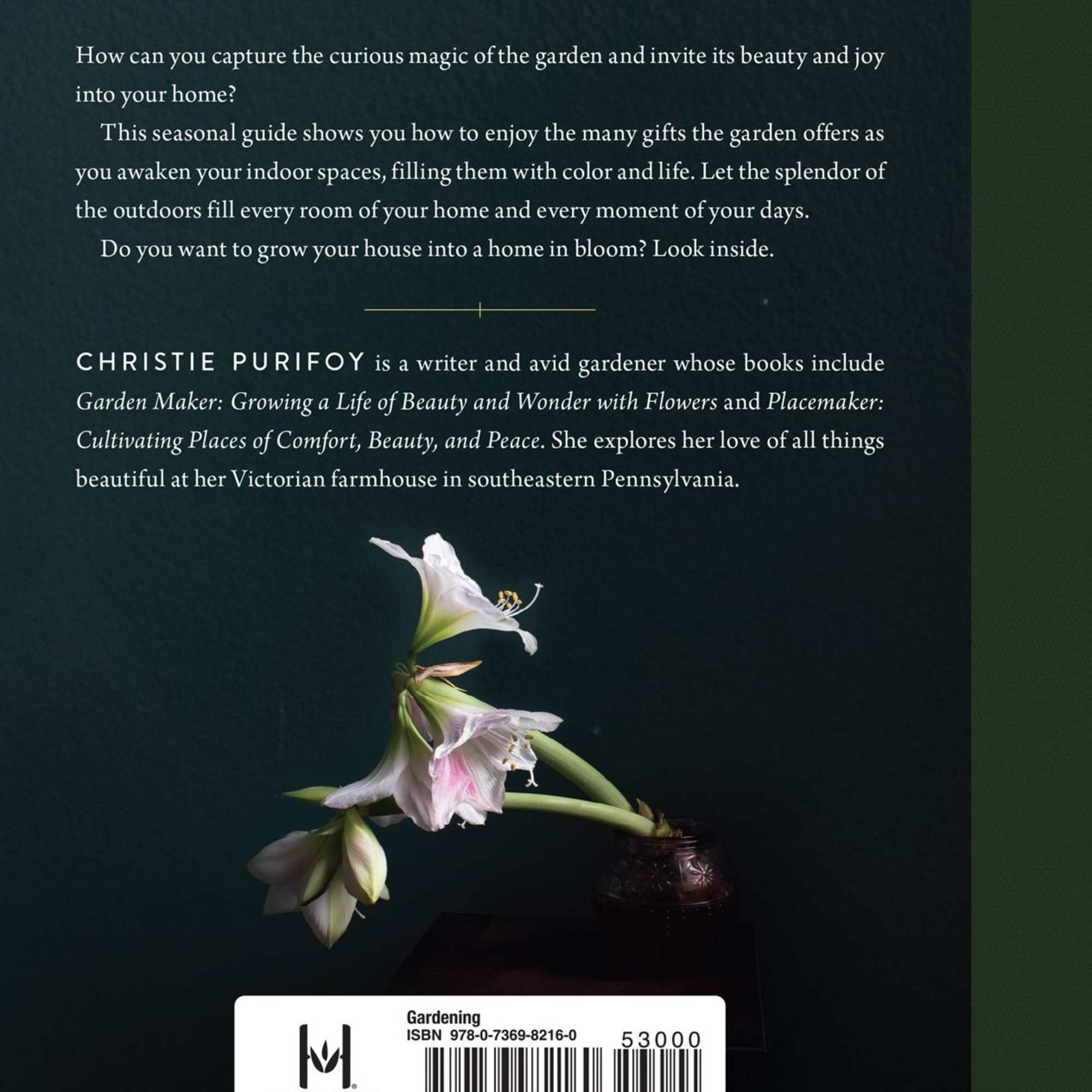 Book cover with white amaryllis flowers on a dark green background