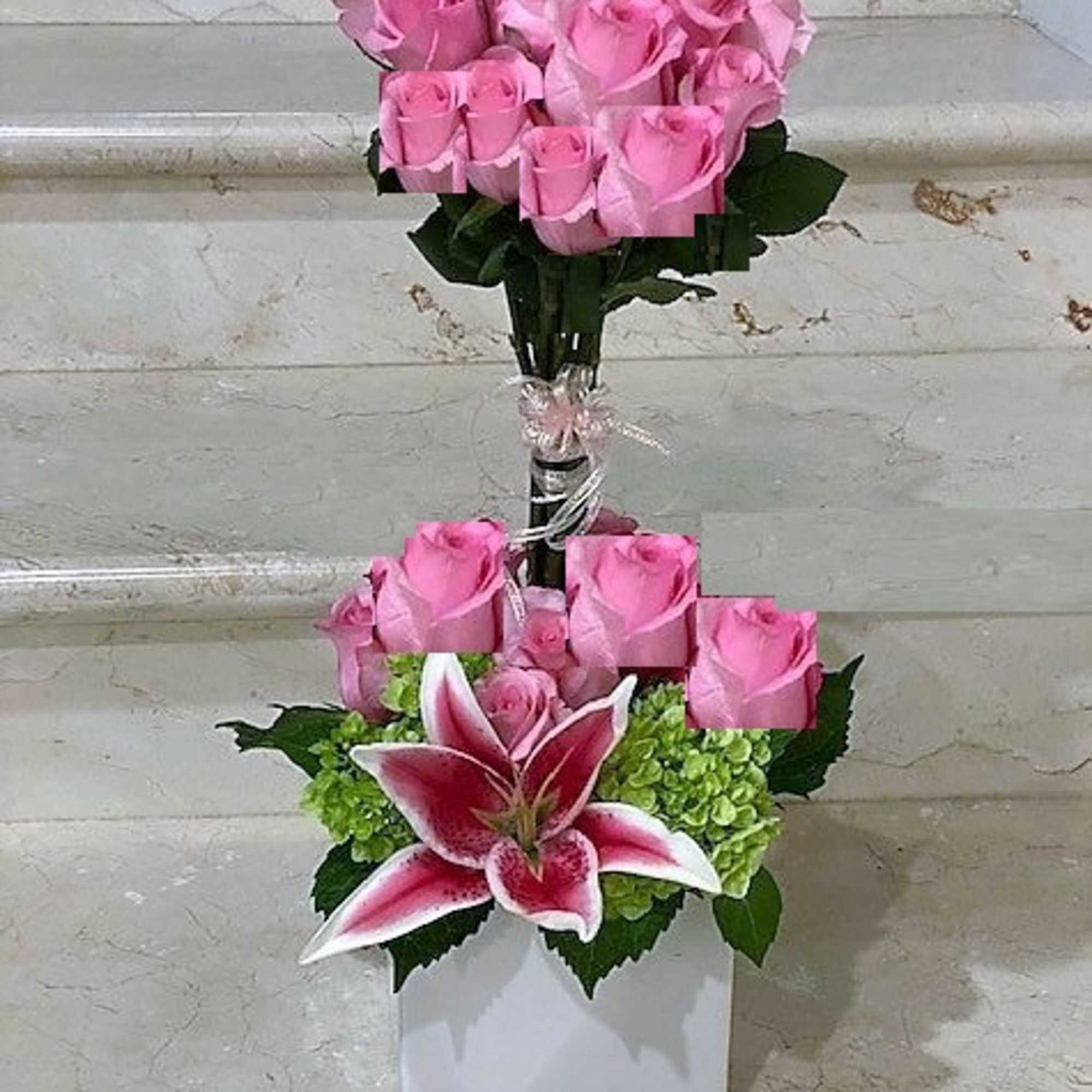 Tall pink rose topiary with hydrangea, roses, and a stargazer lily in a white square vase
