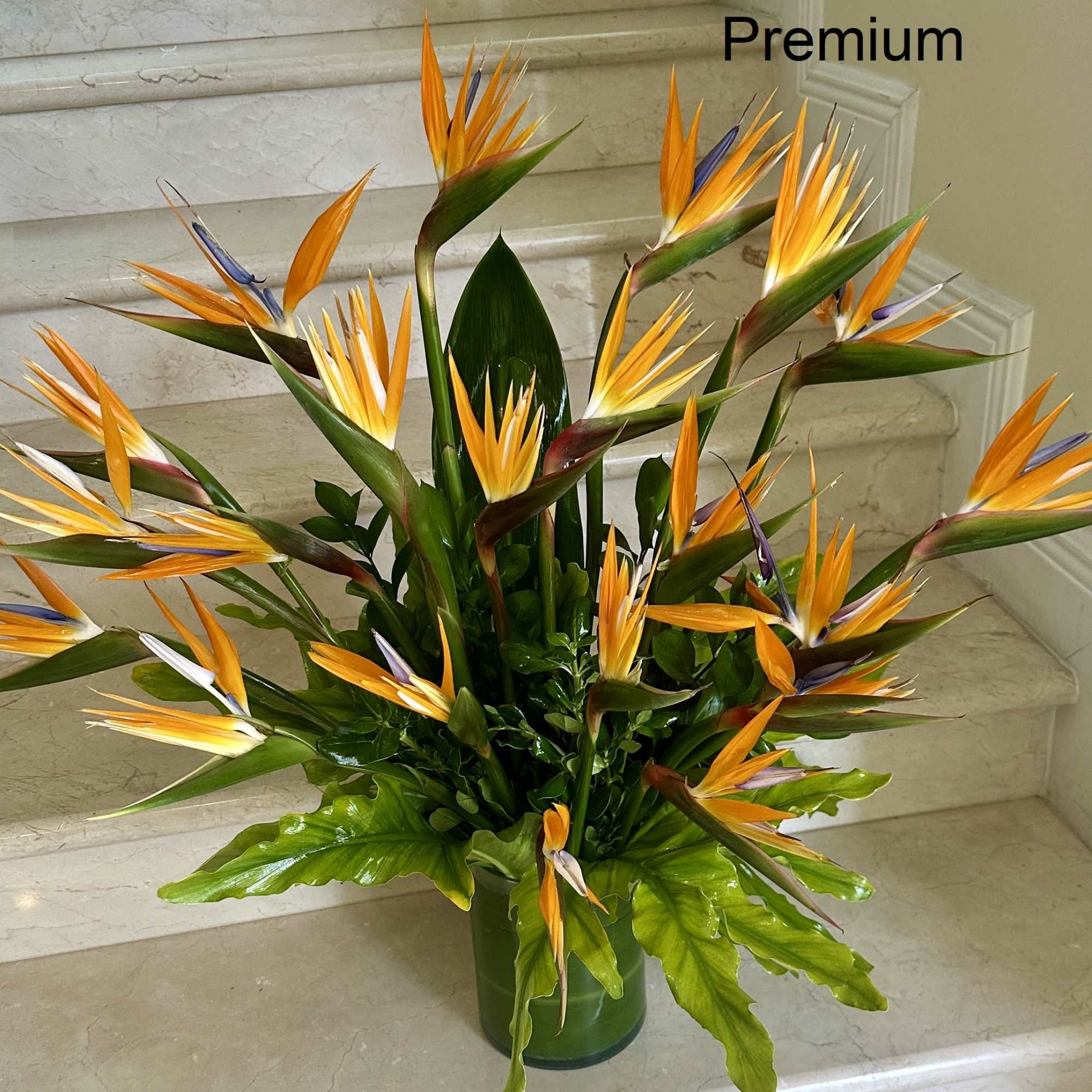 Bird of paradise flowers arranged in a green vase