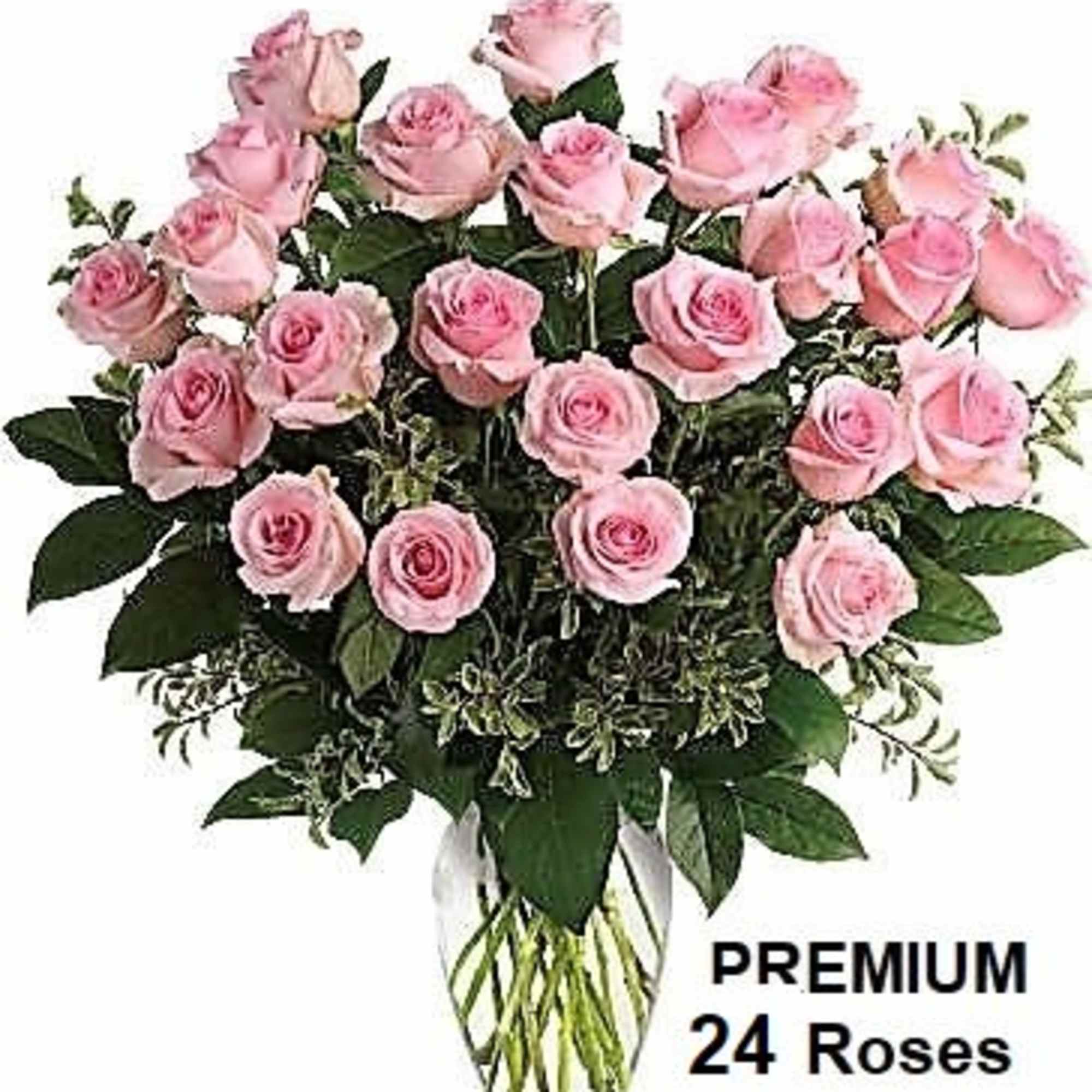 Tall arrangement of two dozen light pink roses in a clear glass vase