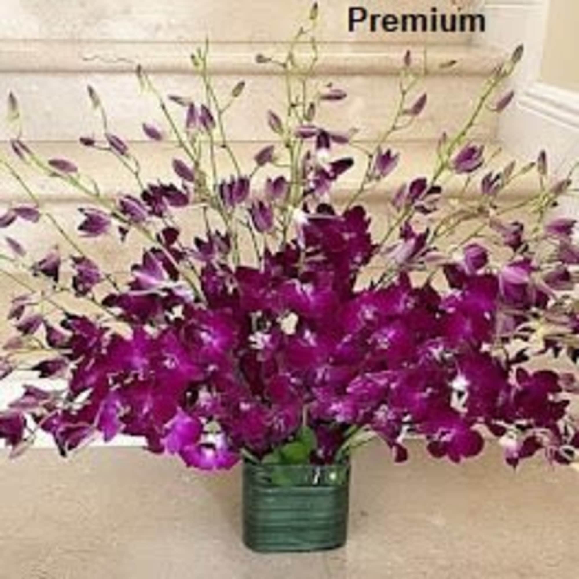 Tall arrangement of purple dendrobium orchids fanned out in a green glass cube vase