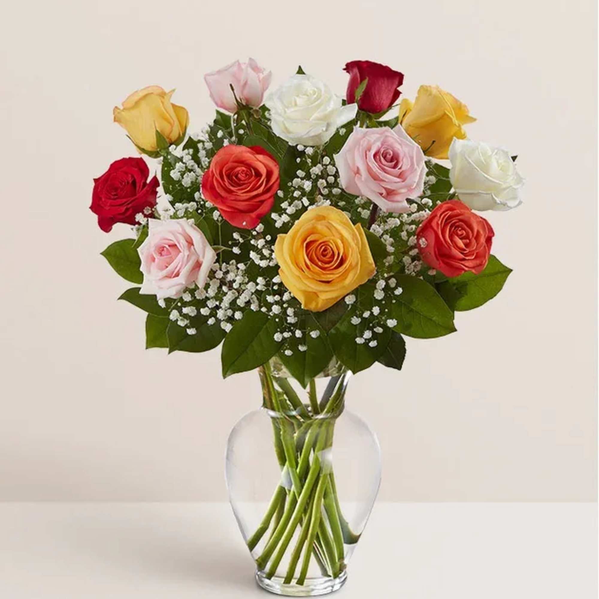 12 roses Send an explosion of color with this long-stemmed rose arrangement