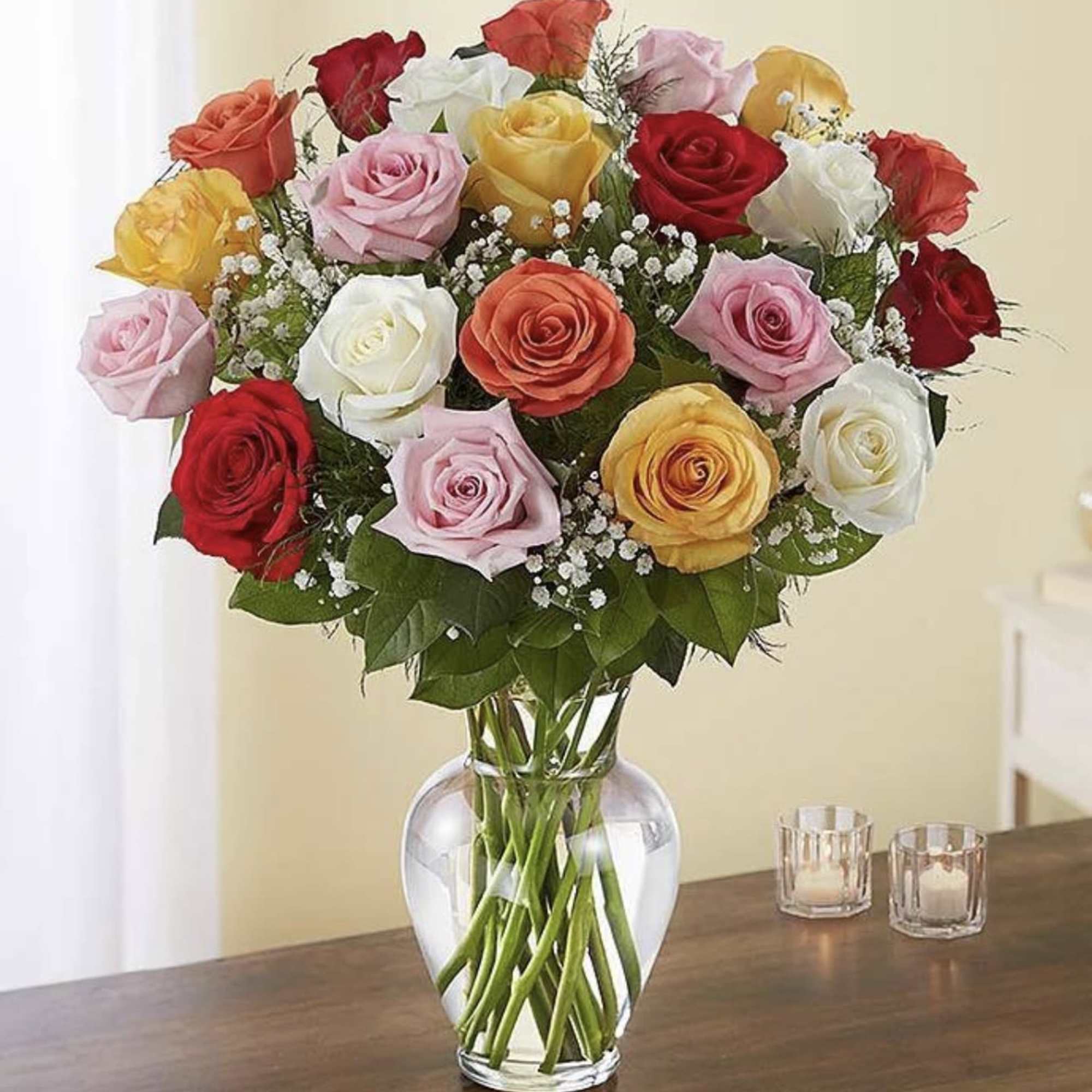 12 roses Send an explosion of color with this long-stemmed rose arrangement