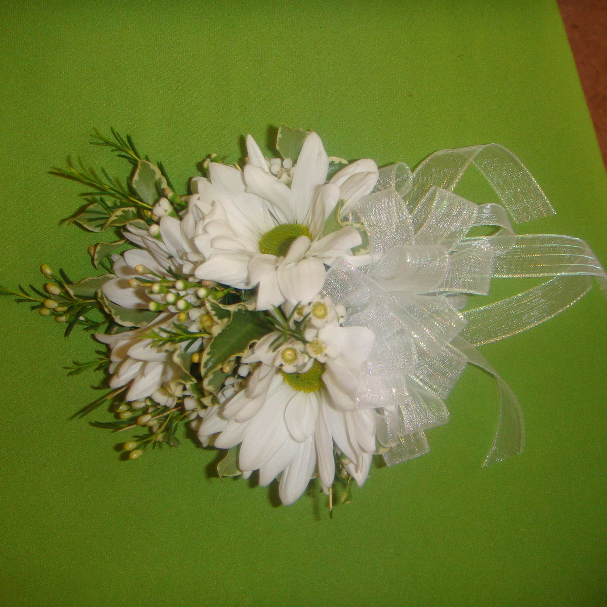 White daisy bouquet with a sheer ribbon bow