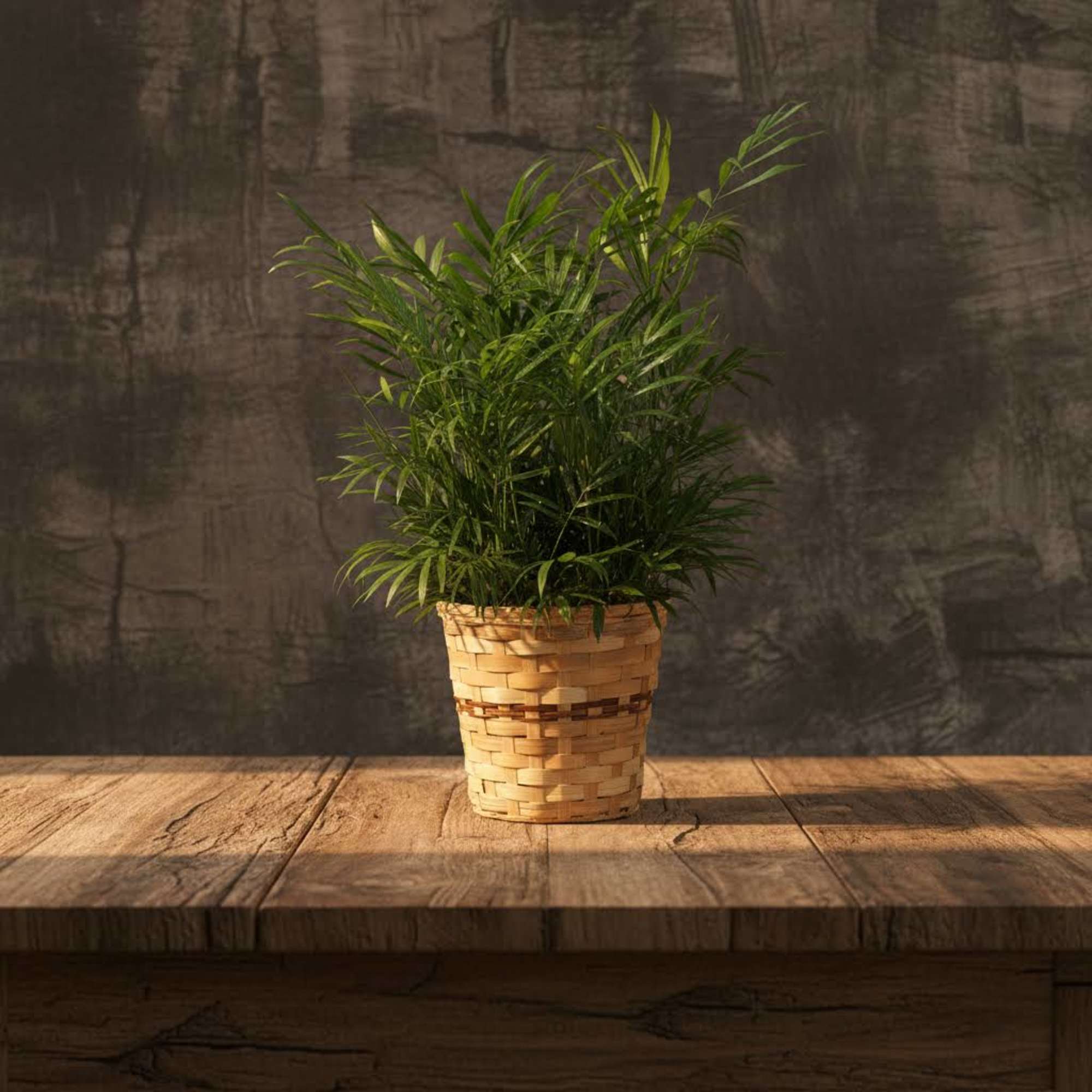 Palm plant in wicker basket with bow