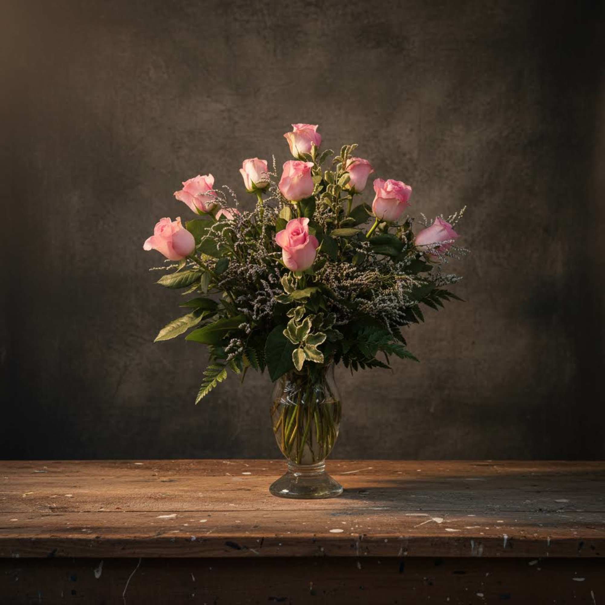Pink roses arranged in a clear glass vase, photo 3 of 4