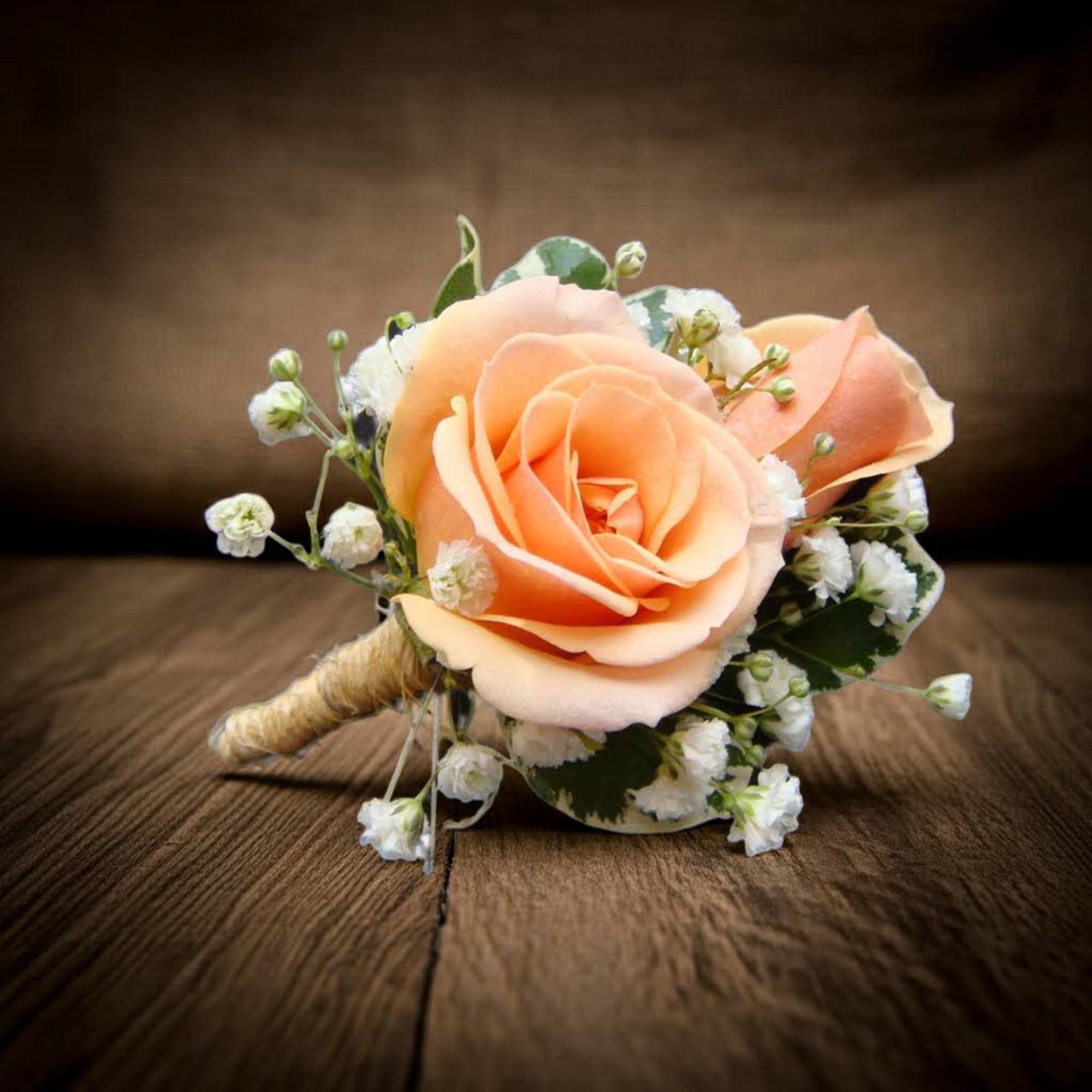 Peach rose boutonniere with white baby's breath