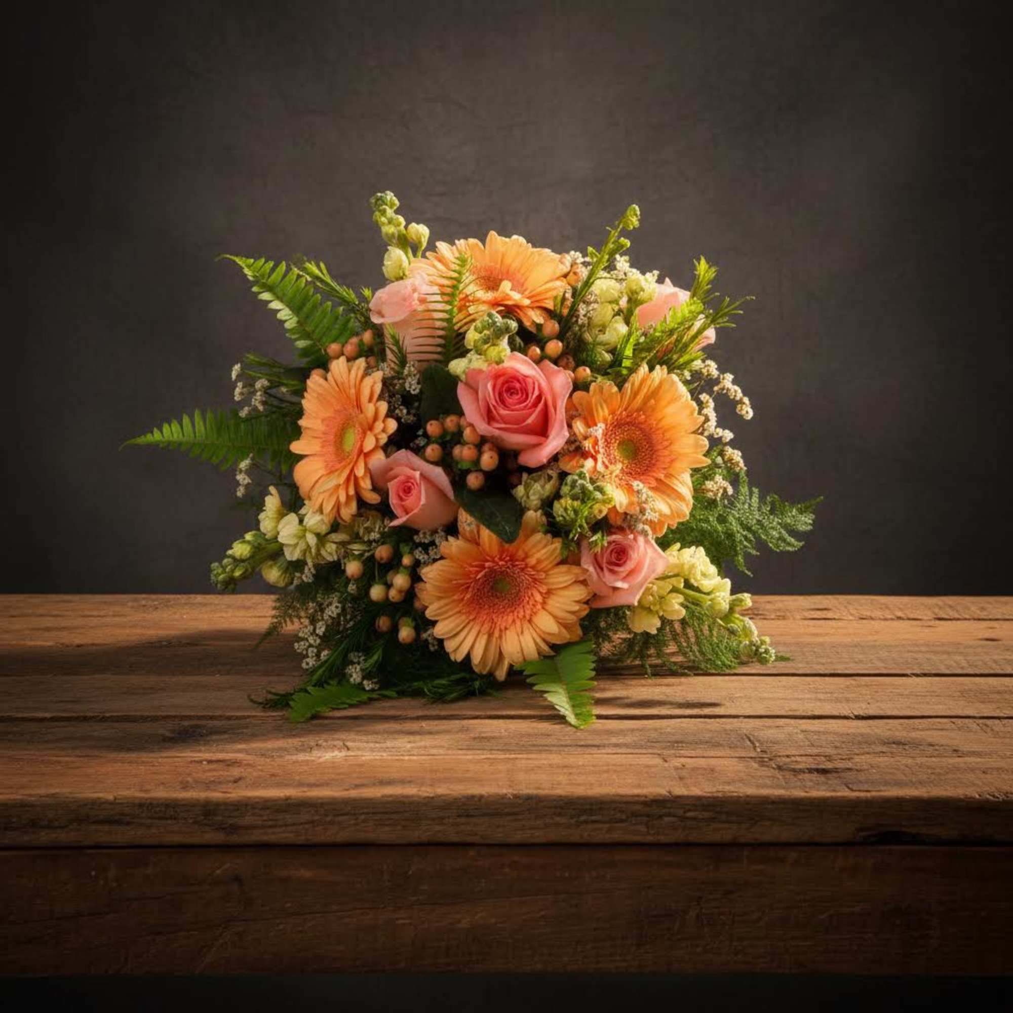 Bouquet of peach gerbera daisies and pink roses on a wooden table