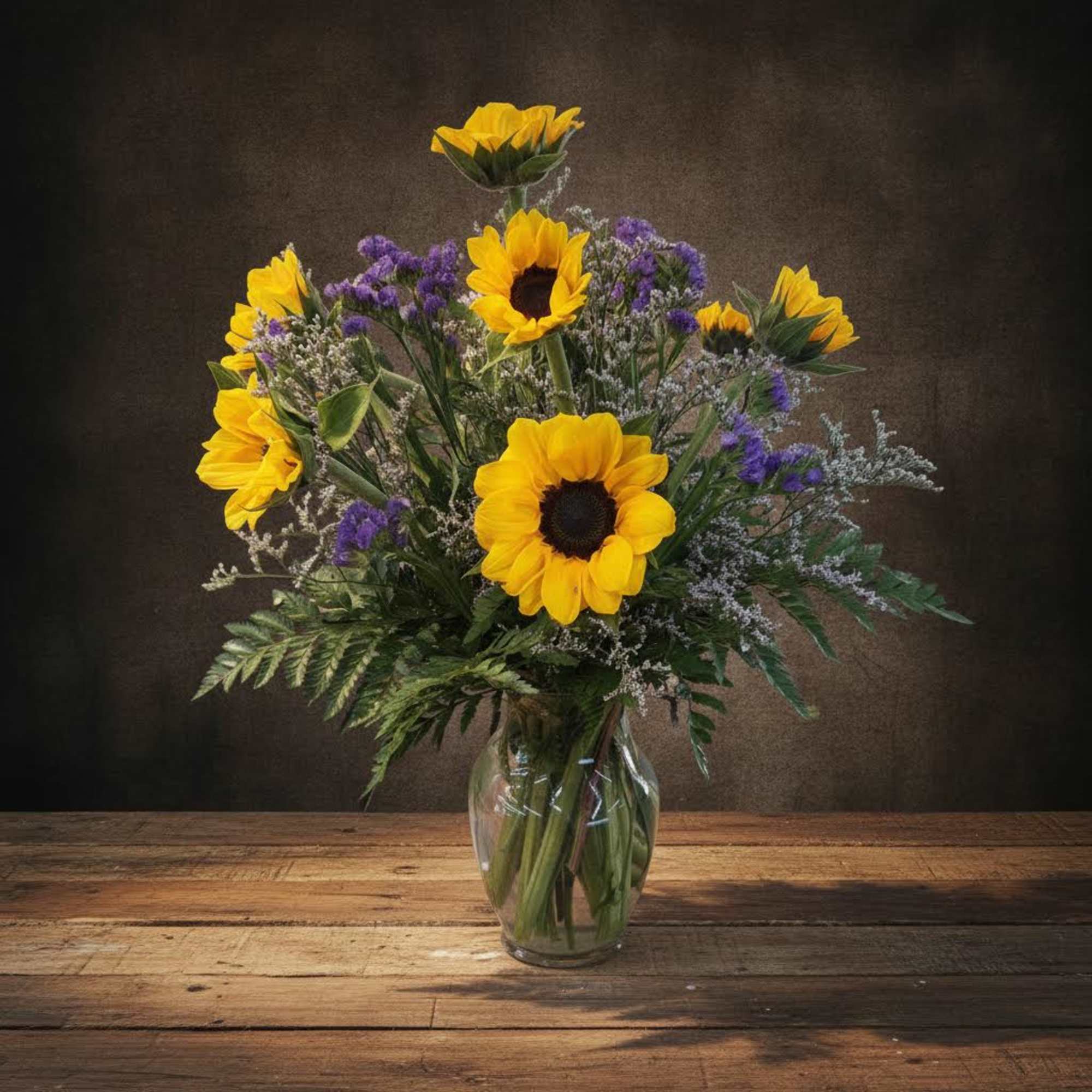 Sunflowers arranged in a clear glass vase with purple filler flowers