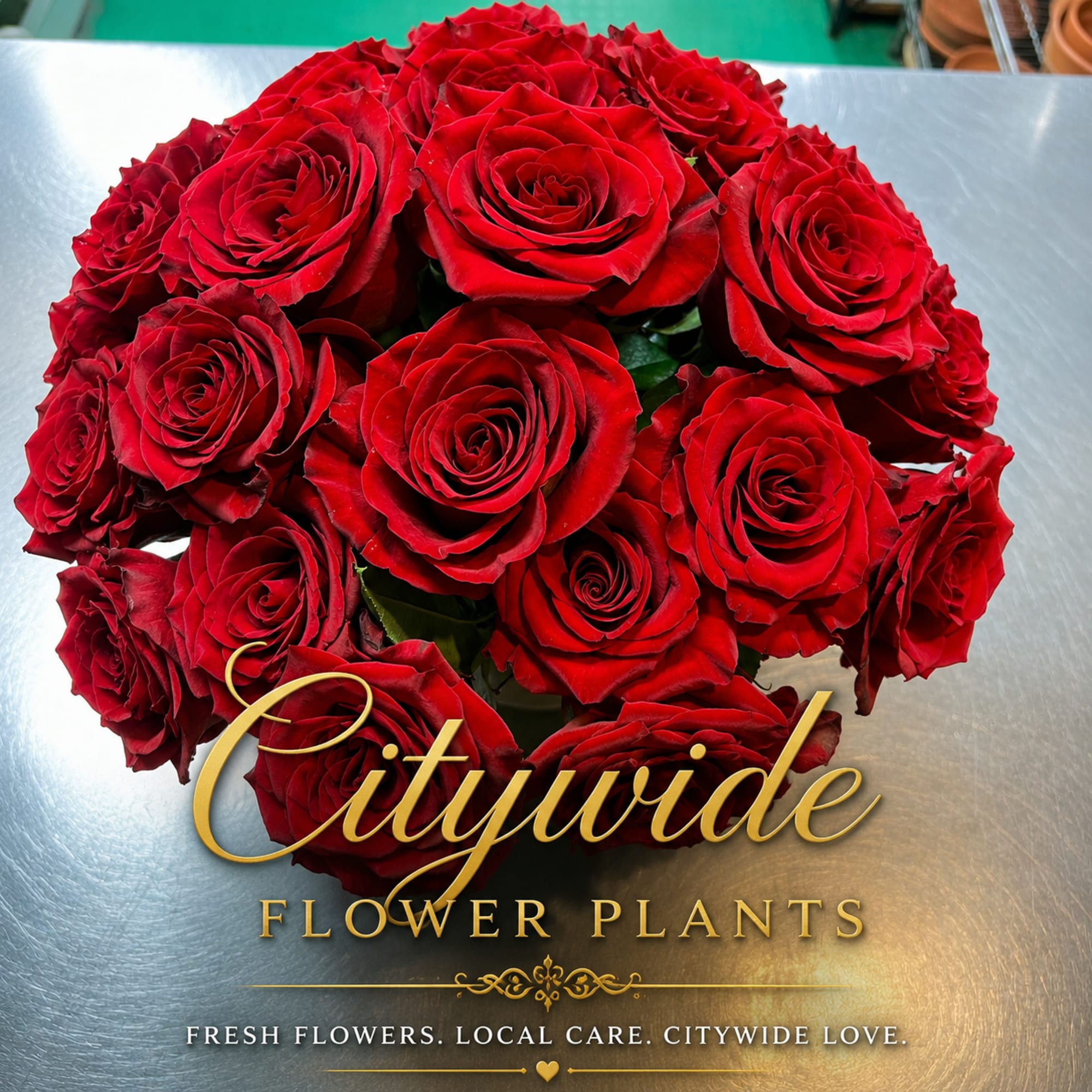 Bouquet of red roses on a metallic surface