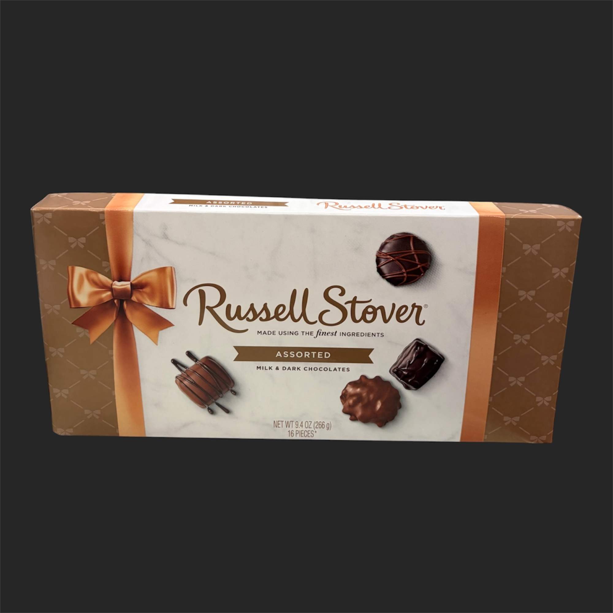 Box of assorted Russell Stover milk and dark chocolates