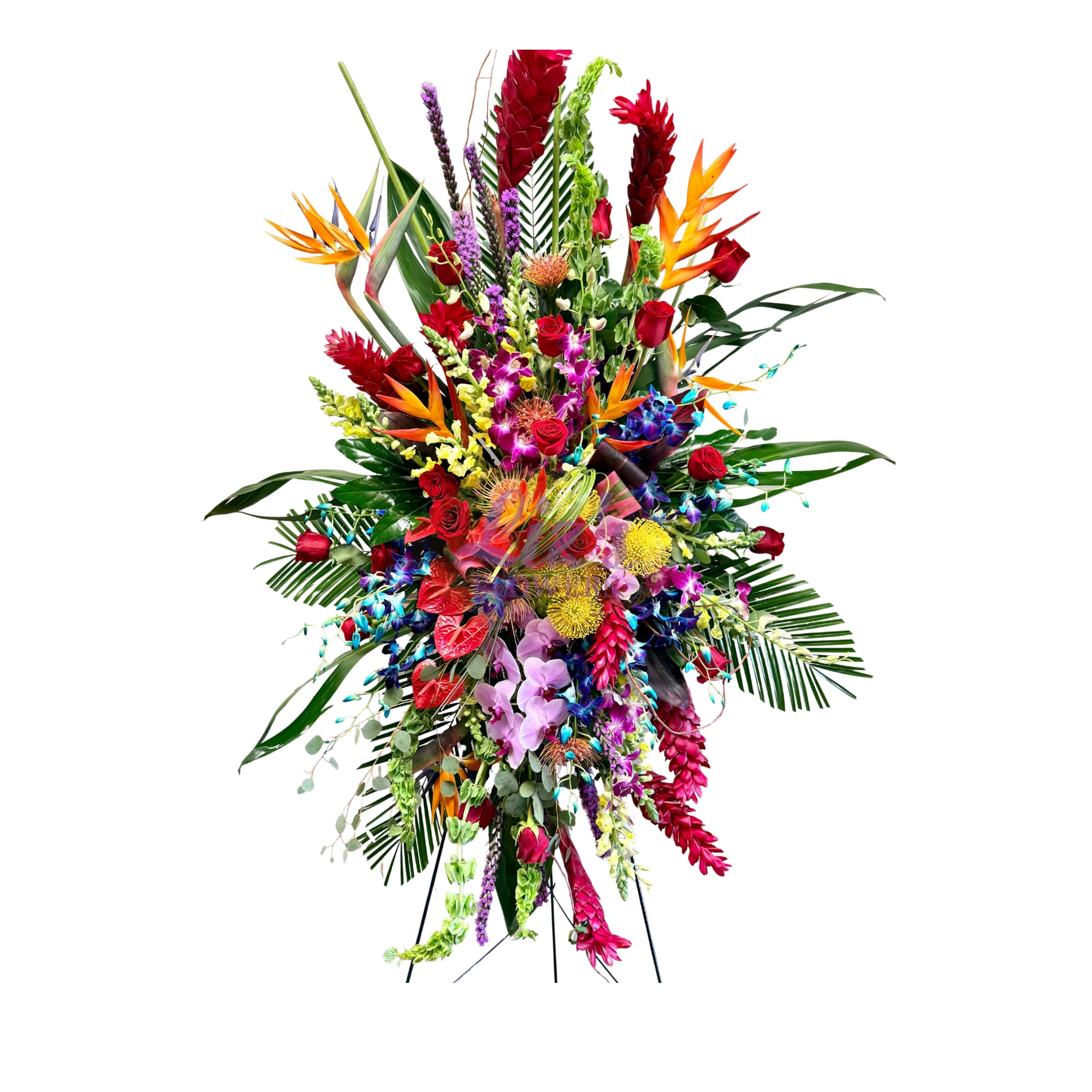 A breathtaking tribute of paradise.This includes vibrant Bird of Paradise, premium orchids