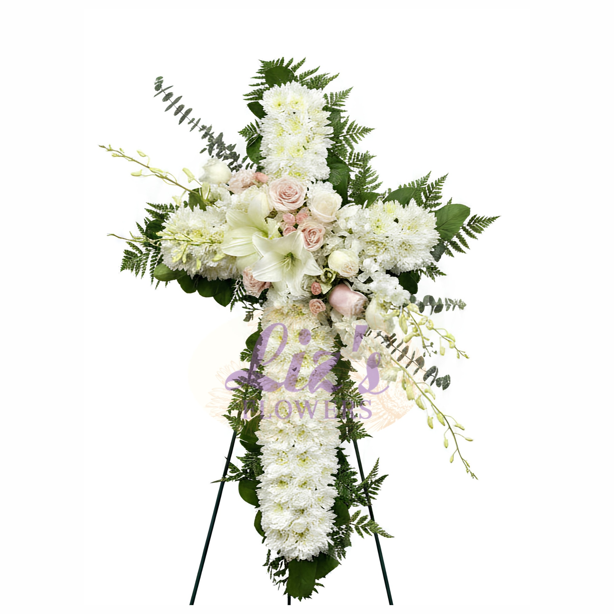 Sympathy Standing Cross. Features white lilies, white and blush roses, dendrobium orchids, photo 2 of 2