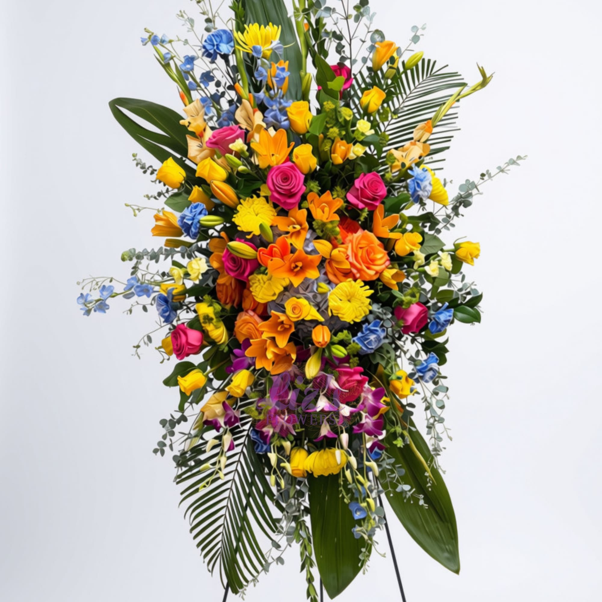 Large standing floral spray with bright mixed flowers and tropical leaves