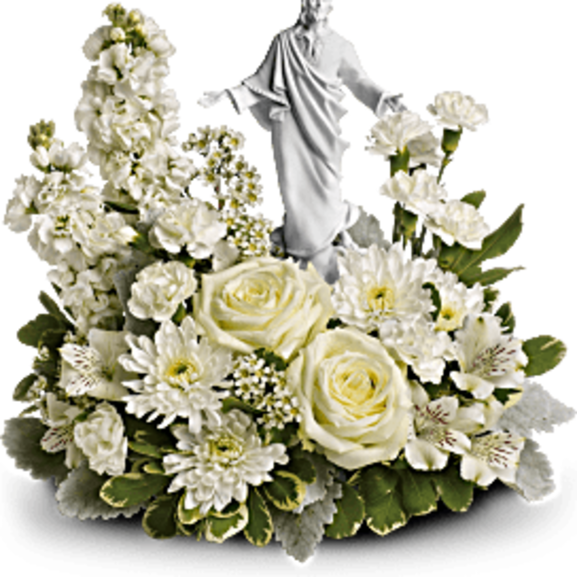 White floral arrangement with a small religious statue centerpiece