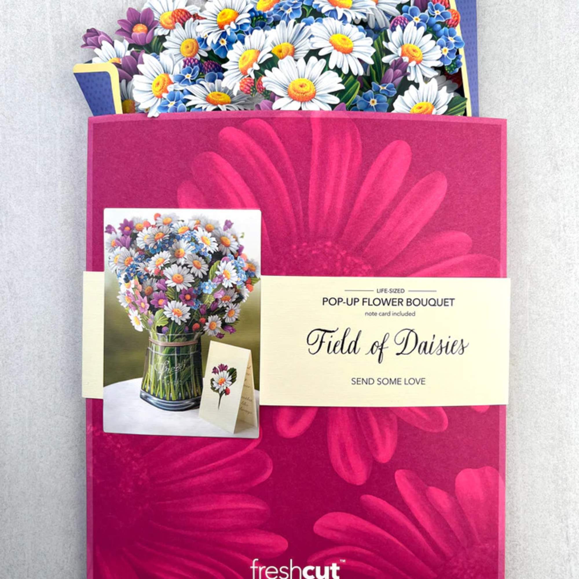 Pop-up bouquet card with white daisies and purple flowers