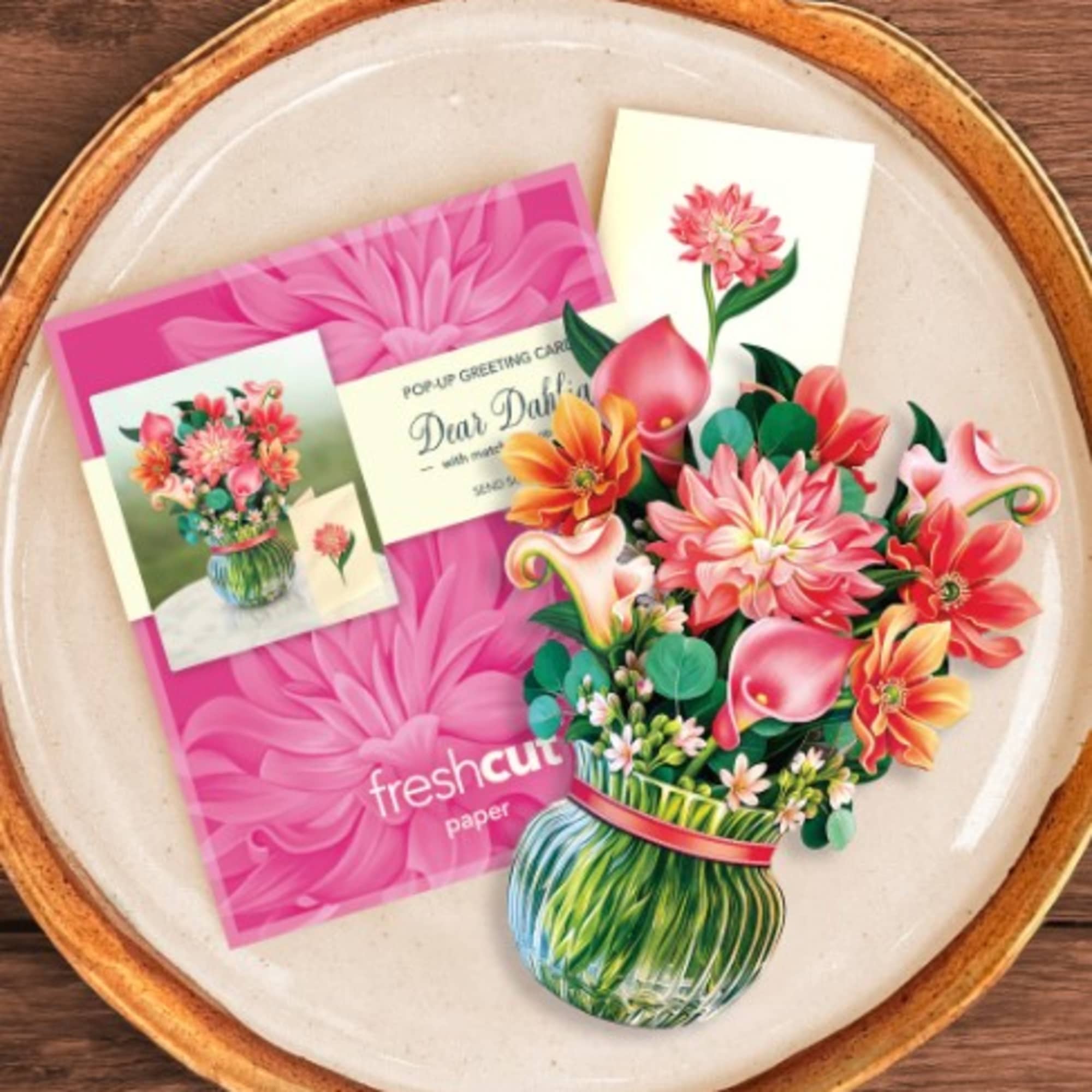 Pop-up floral greeting card with a colorful bouquet and vase illustration