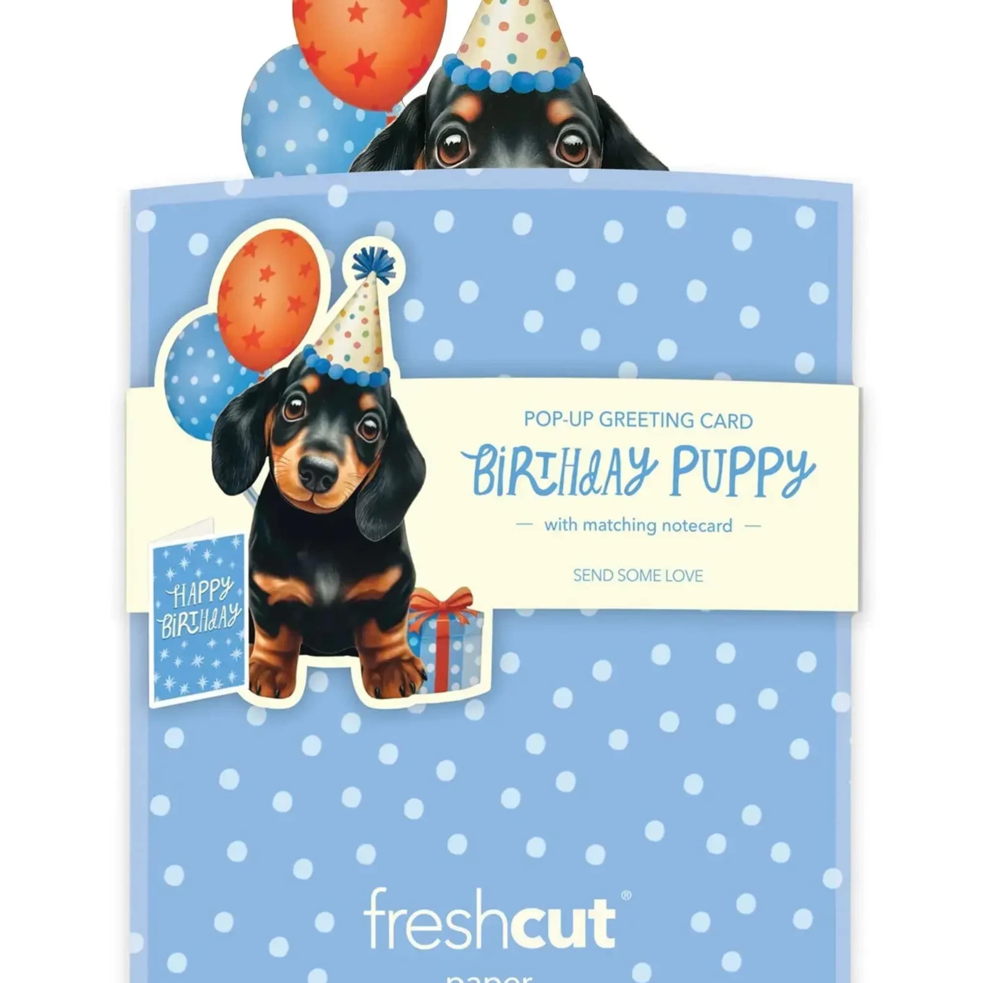 Pop-up birthday greeting card with a puppy, balloons, and a party hat