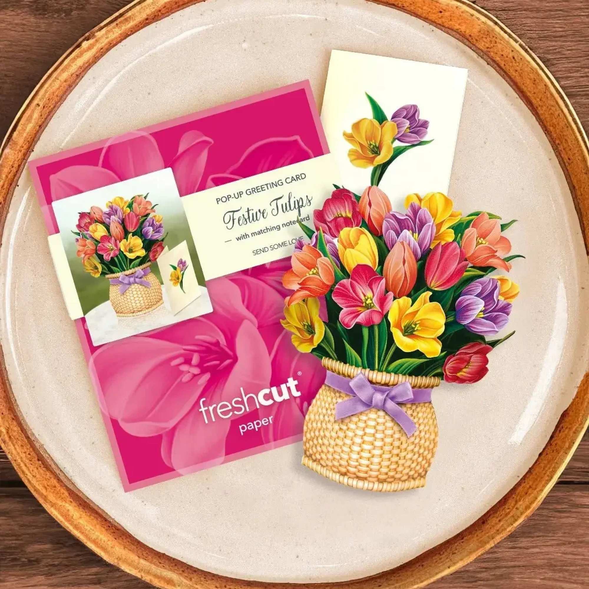 Pop-up greeting card with colorful tulips and a woven basket illustration