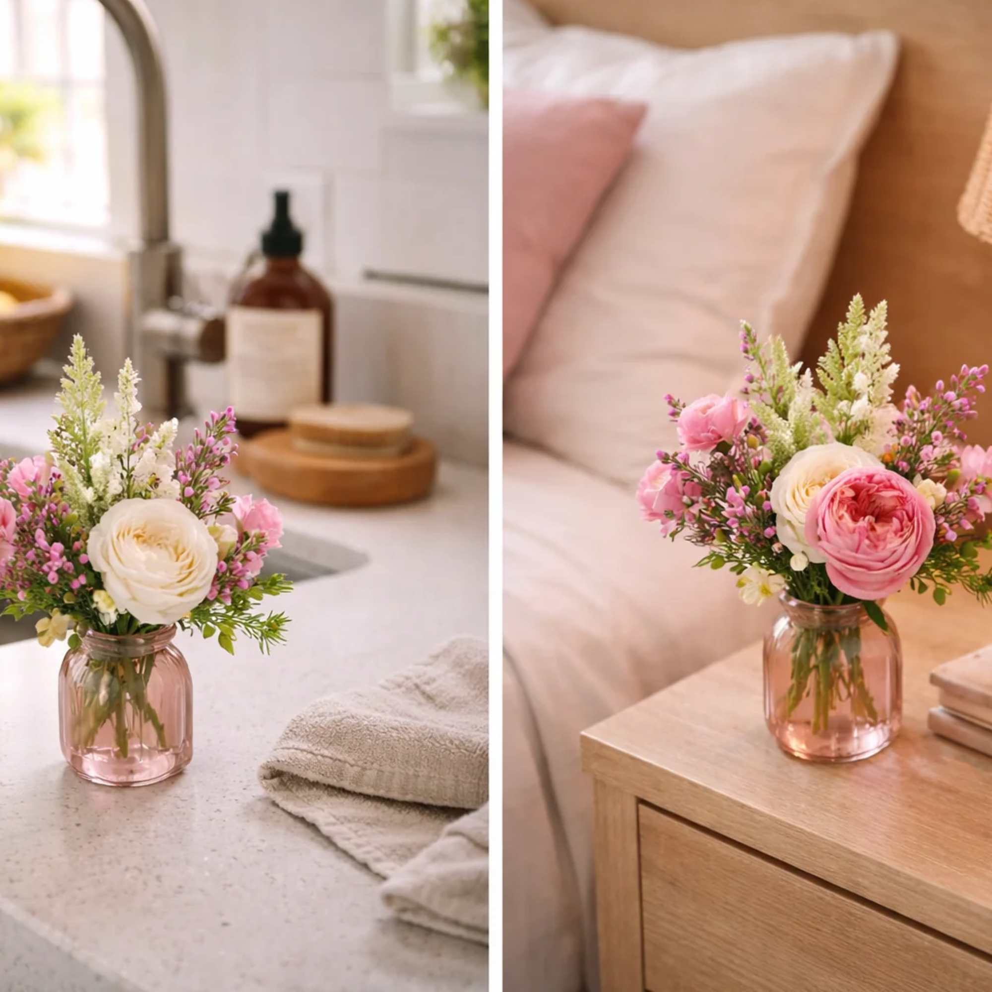Small pink and white flower arrangement in a glass jar vase