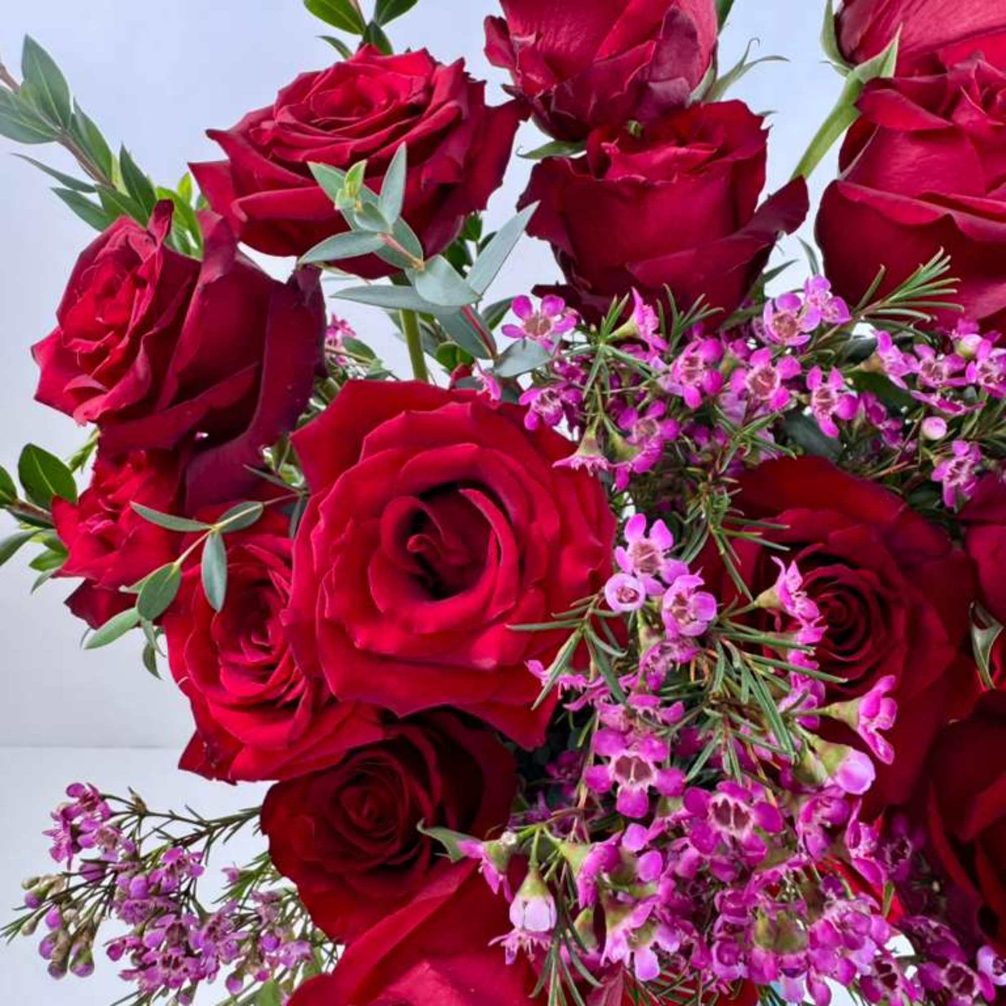 Bouquet of deep red roses with small pink filler flowers