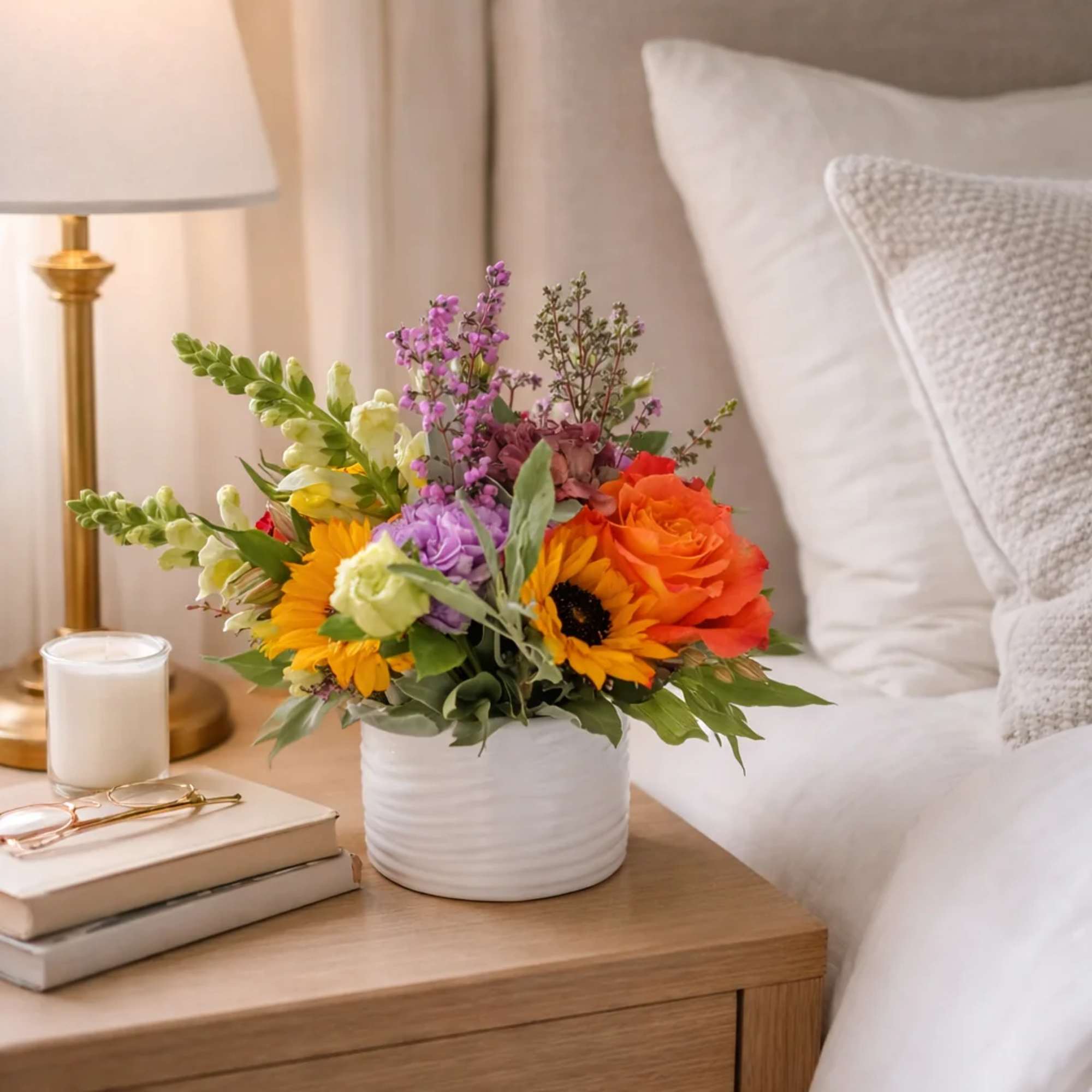 Mixed bouquet in a white ceramic vase with orange and yellow blooms