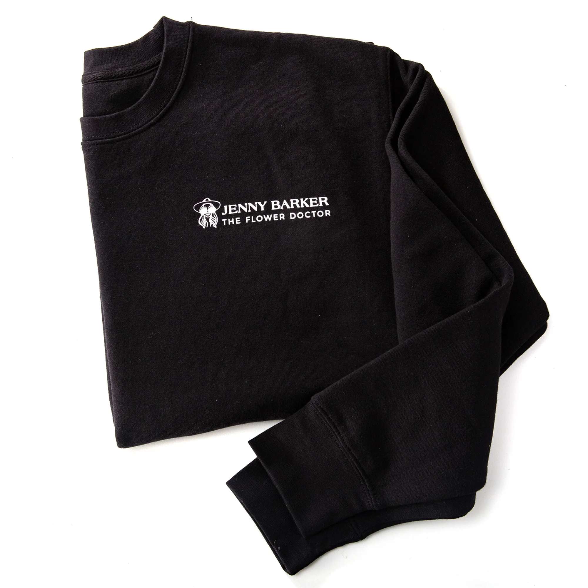 Folded black sweatshirt with a white logo on the chest