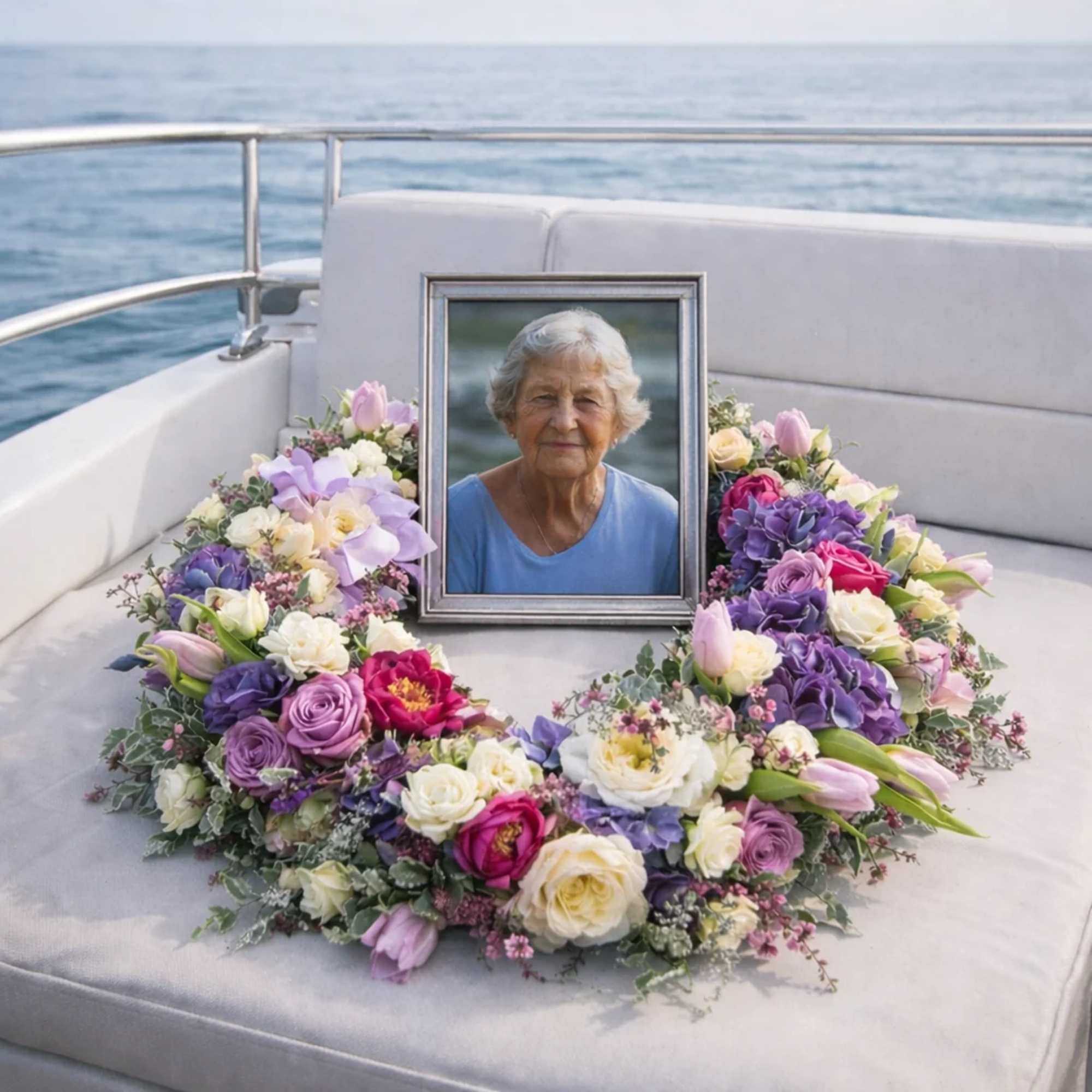 Heart-shaped floral wreath around a framed portrait on a boat seat