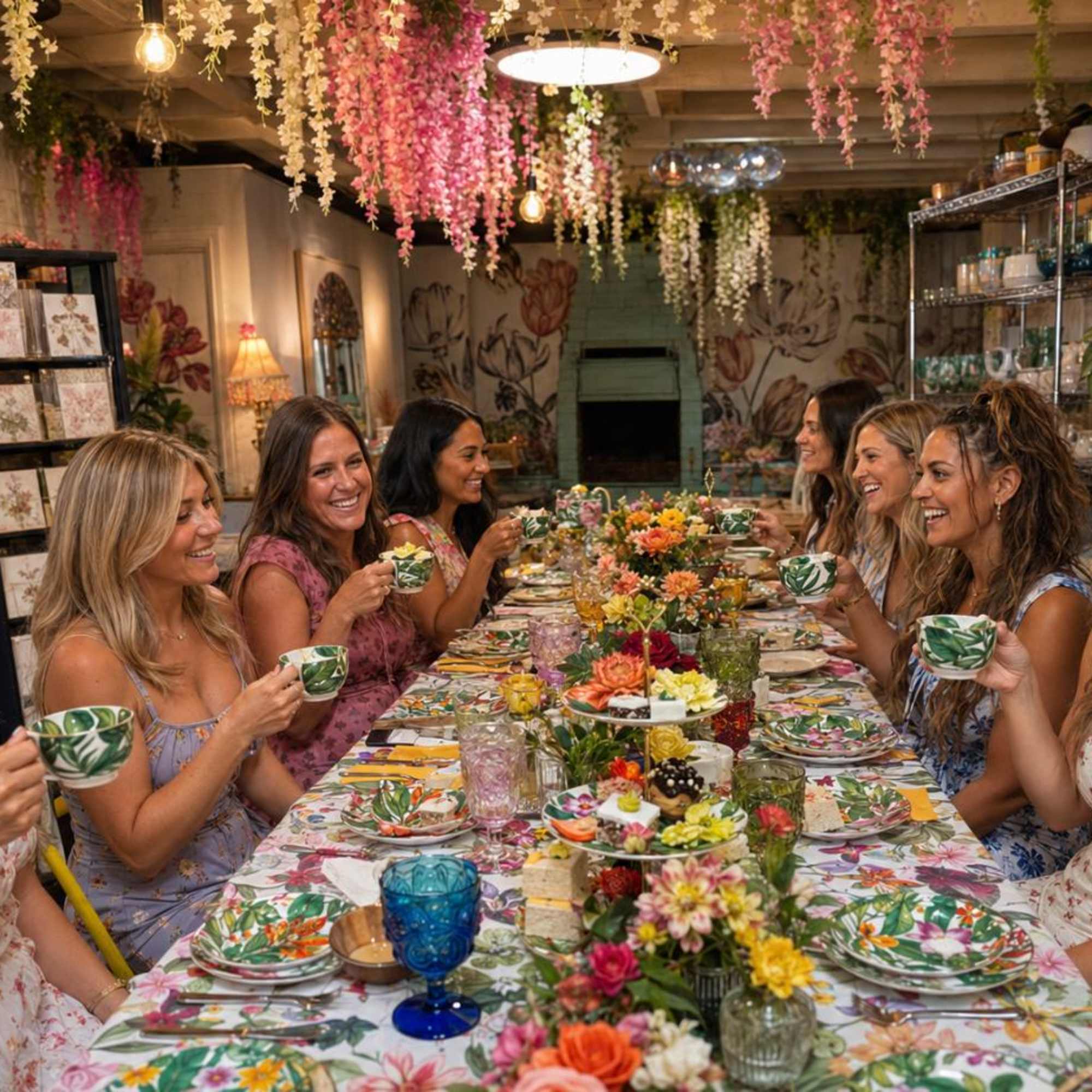 Women seated at a flower-filled table with cups and plates in a decorated room