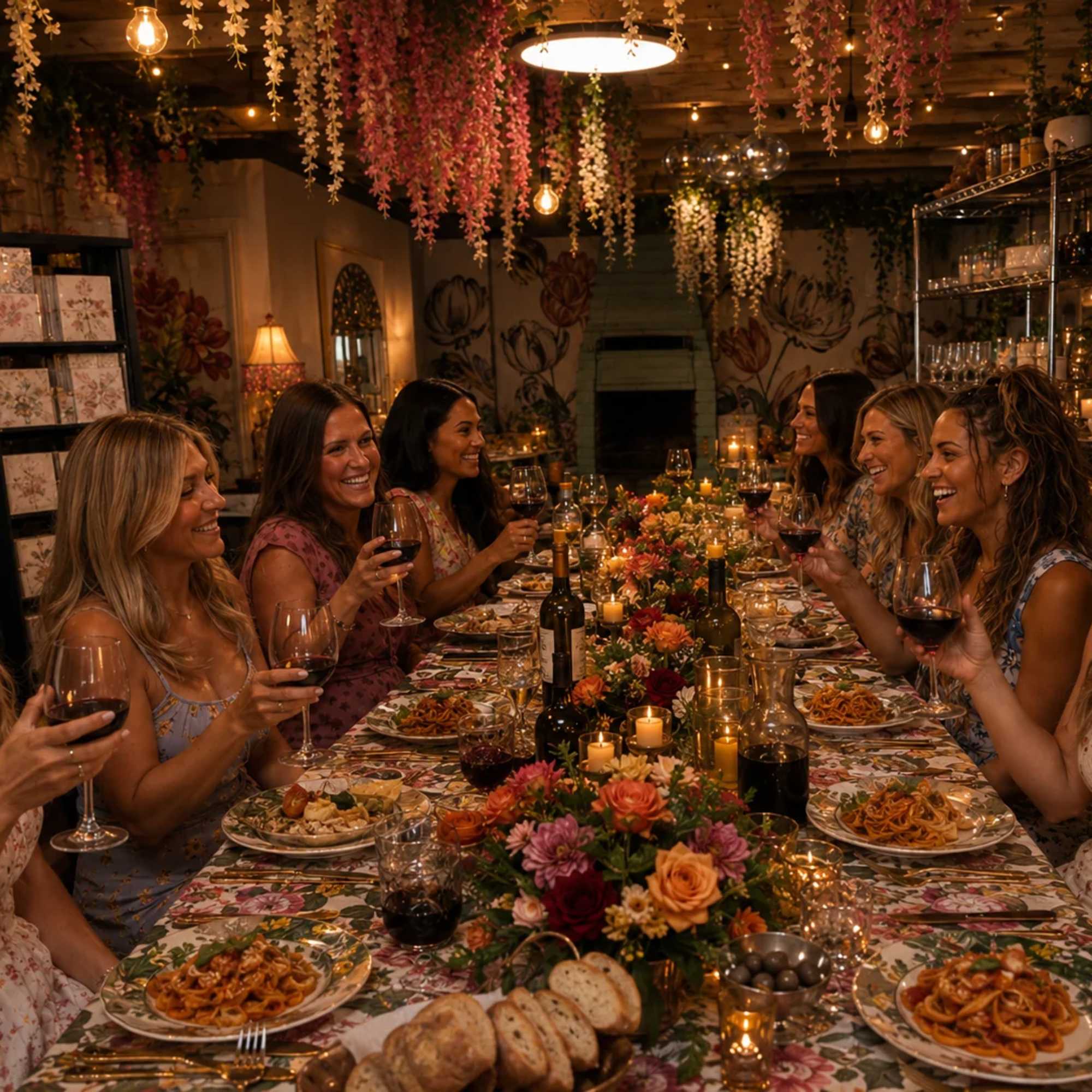 Women seated at a candlelit dinner table with floral centerpieces and wine glasses