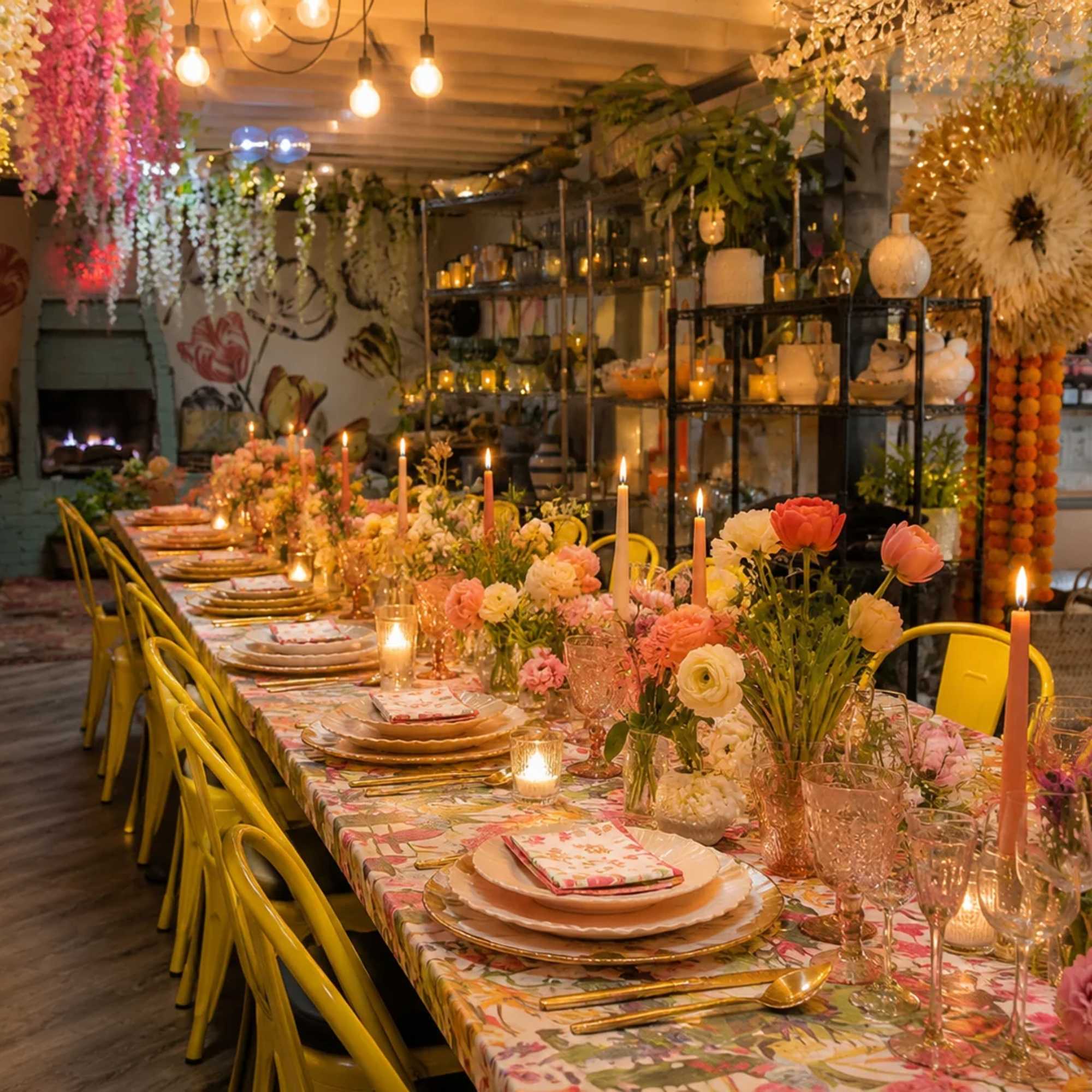 Long banquet table with pink floral centerpieces, candles, and yellow chairs