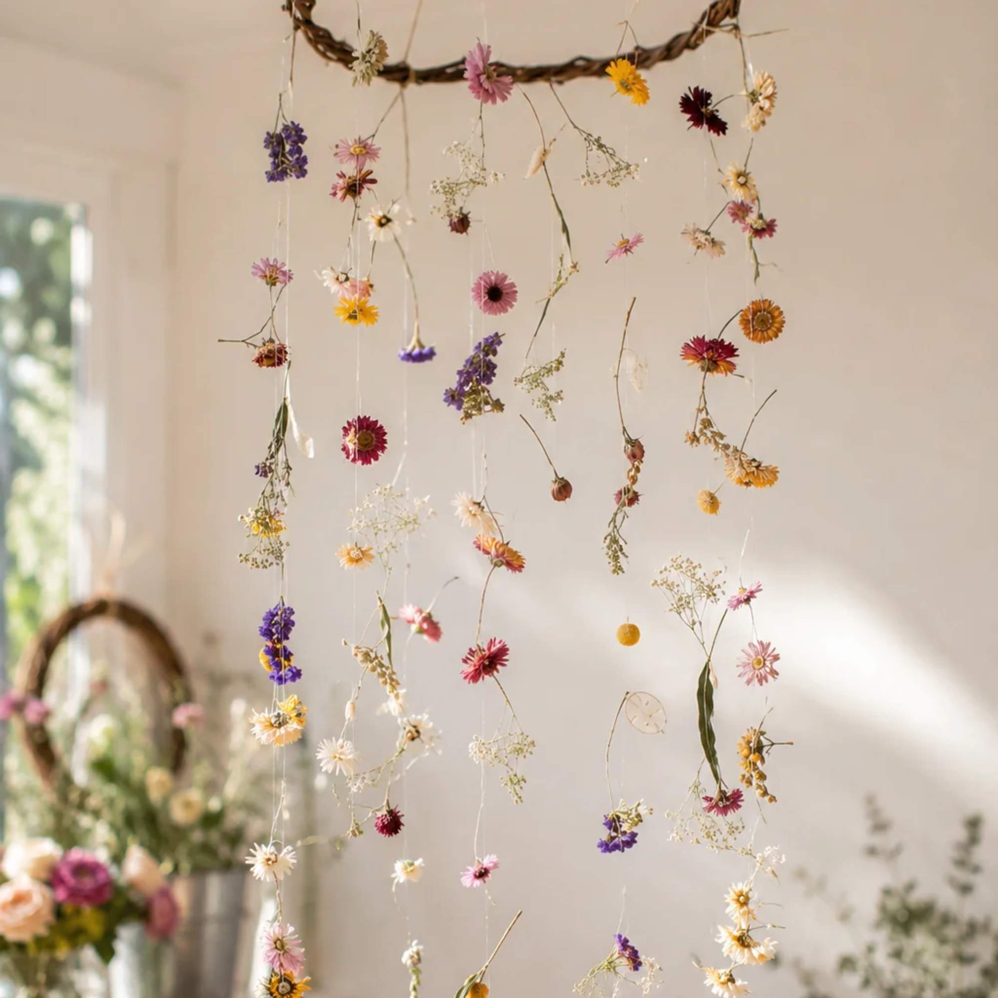 Hanging floral hoop with small dried flowers in pink, yellow, purple, and white