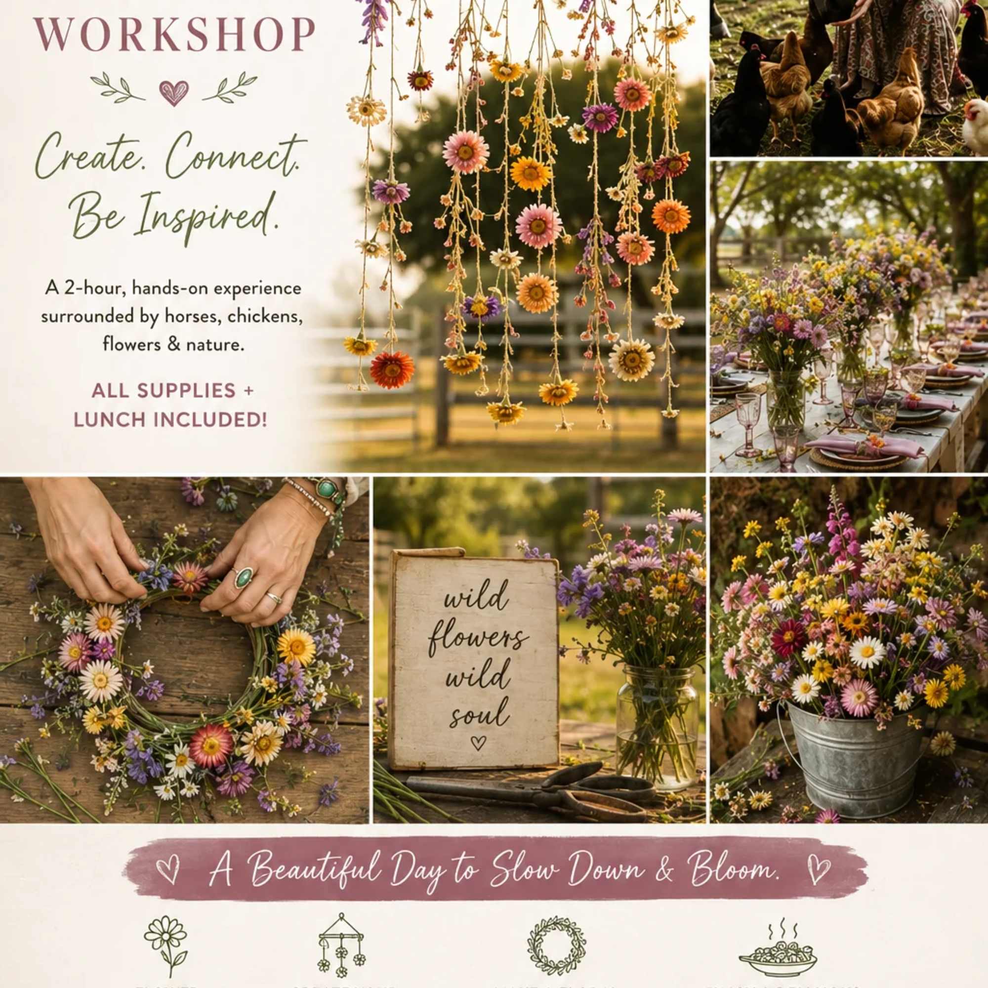 Poster for a flower mobile workshop with wildflower arrangements and wreaths