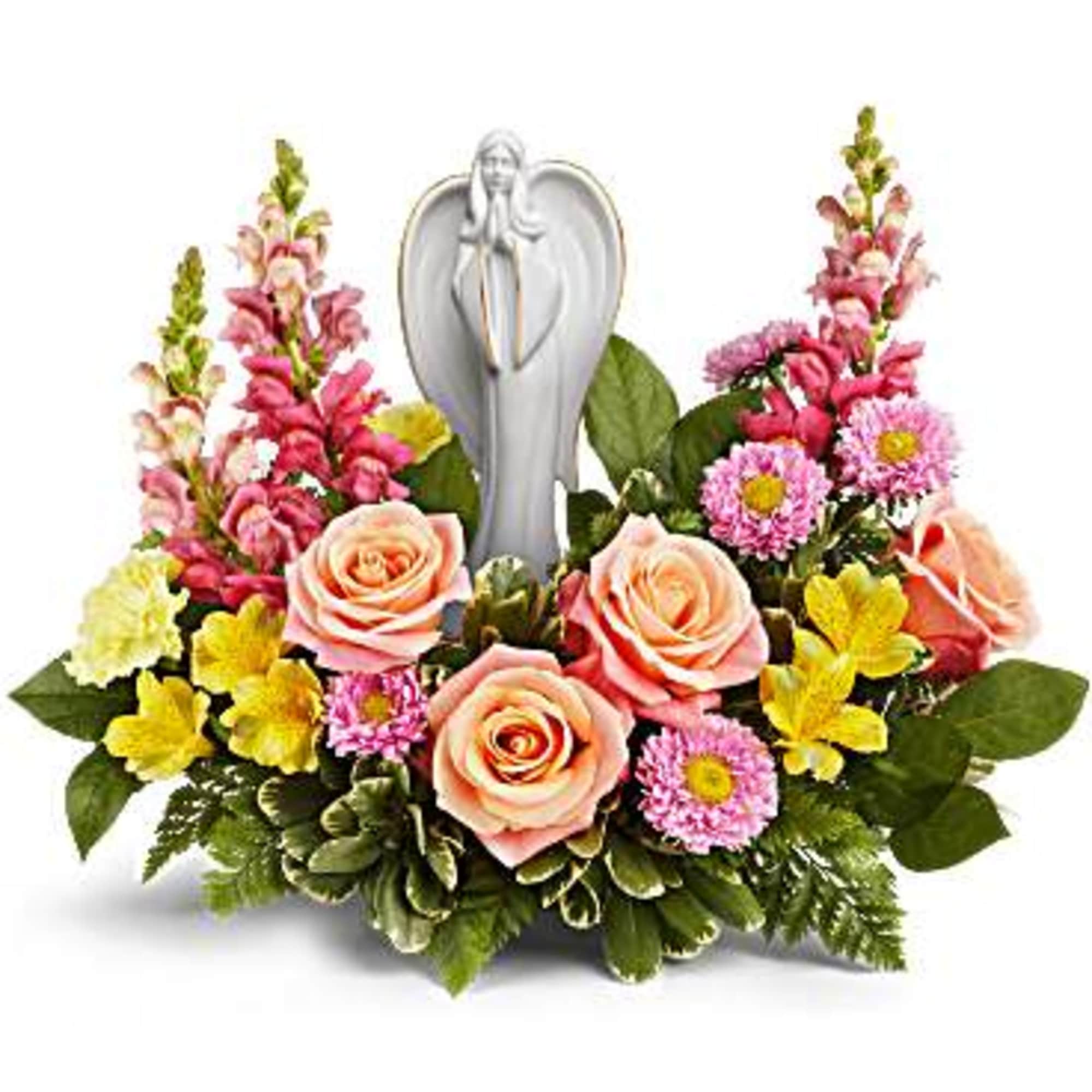 Pink and peach floral arrangement with a silver angel centerpiece